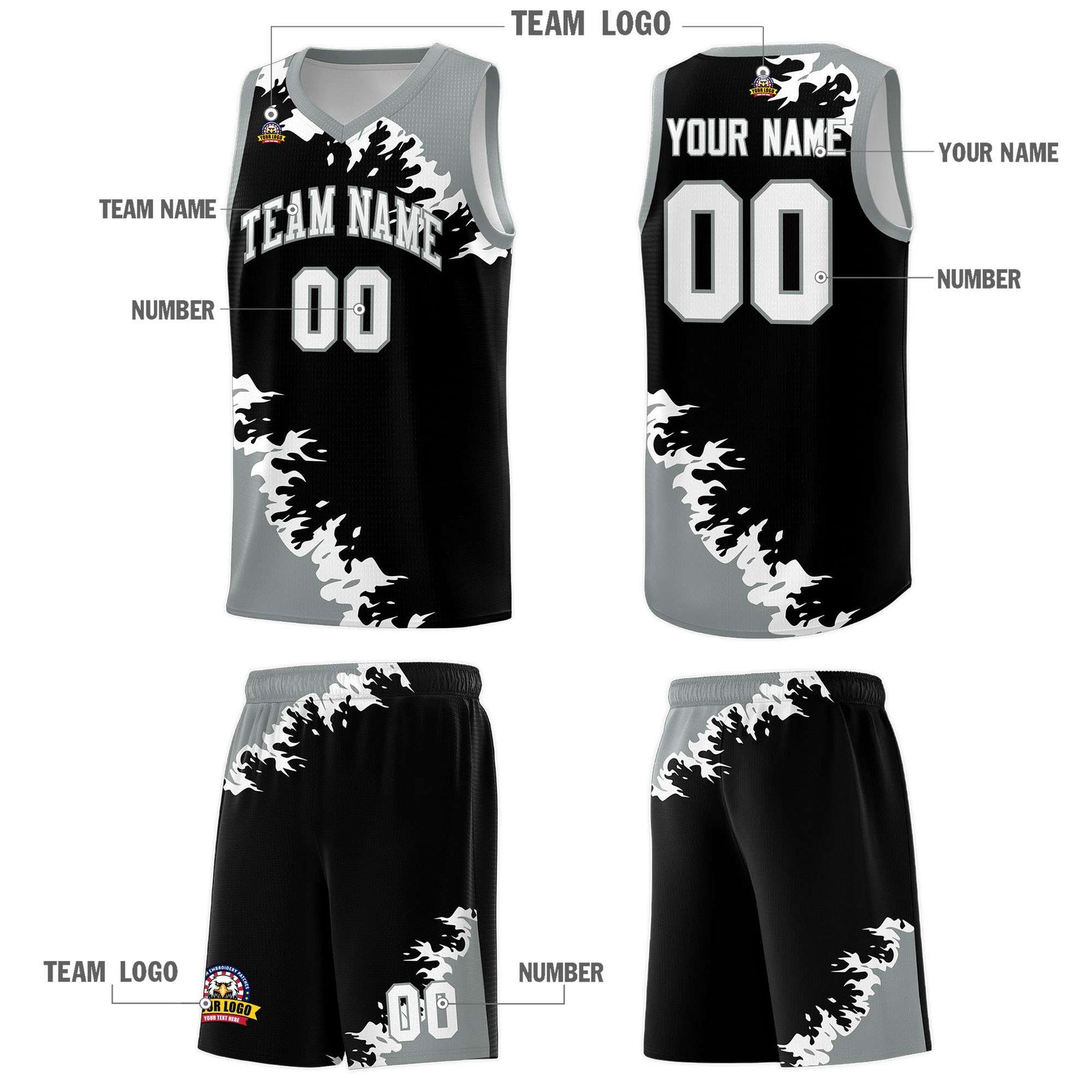 Custom Black Gray-White Sparkle Print Pattern Basketball Kits