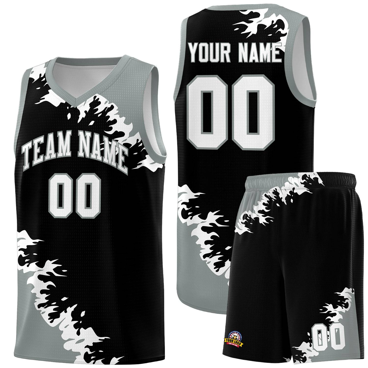 Custom Black Gray-White Sparkle Print Pattern Basketball Kits