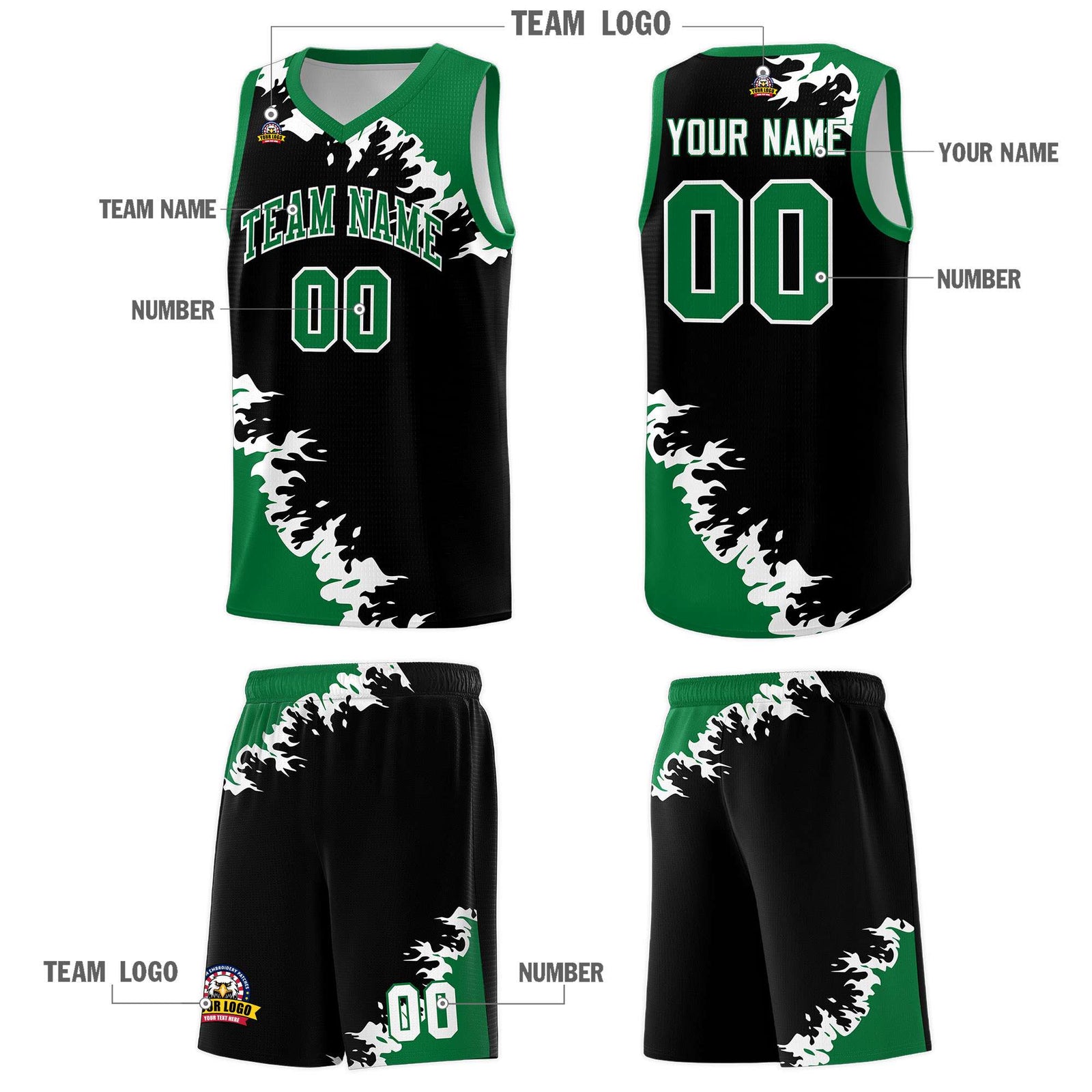 Custom Black Kelly Green-White Sparkle Print Pattern Basketball Kits