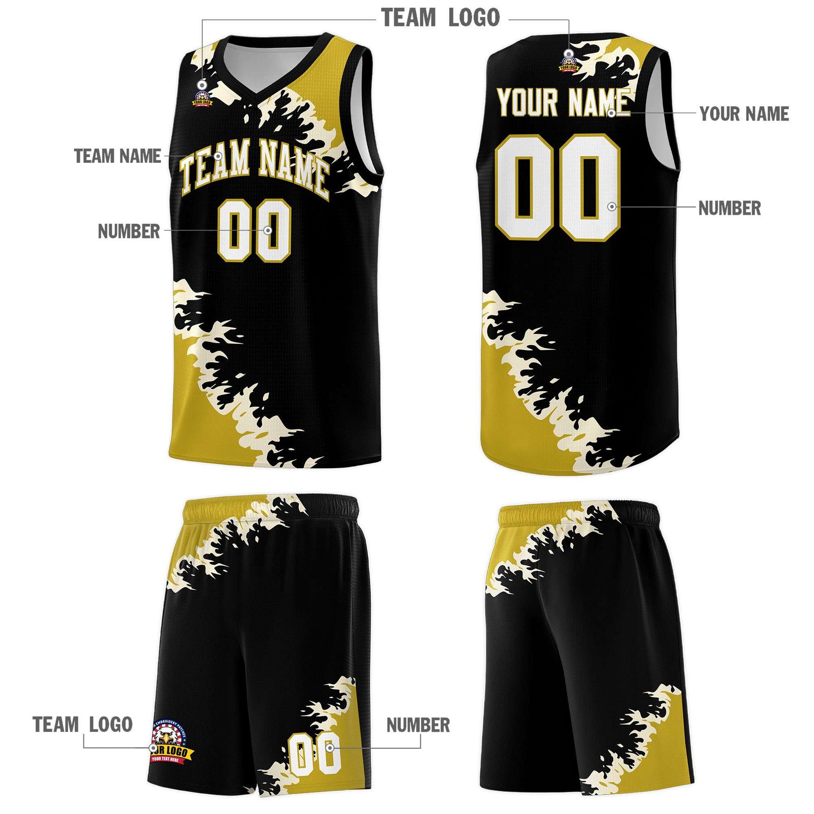 Custom Black Old Gold-Cream Sparkle Print Pattern Basketball Kits
