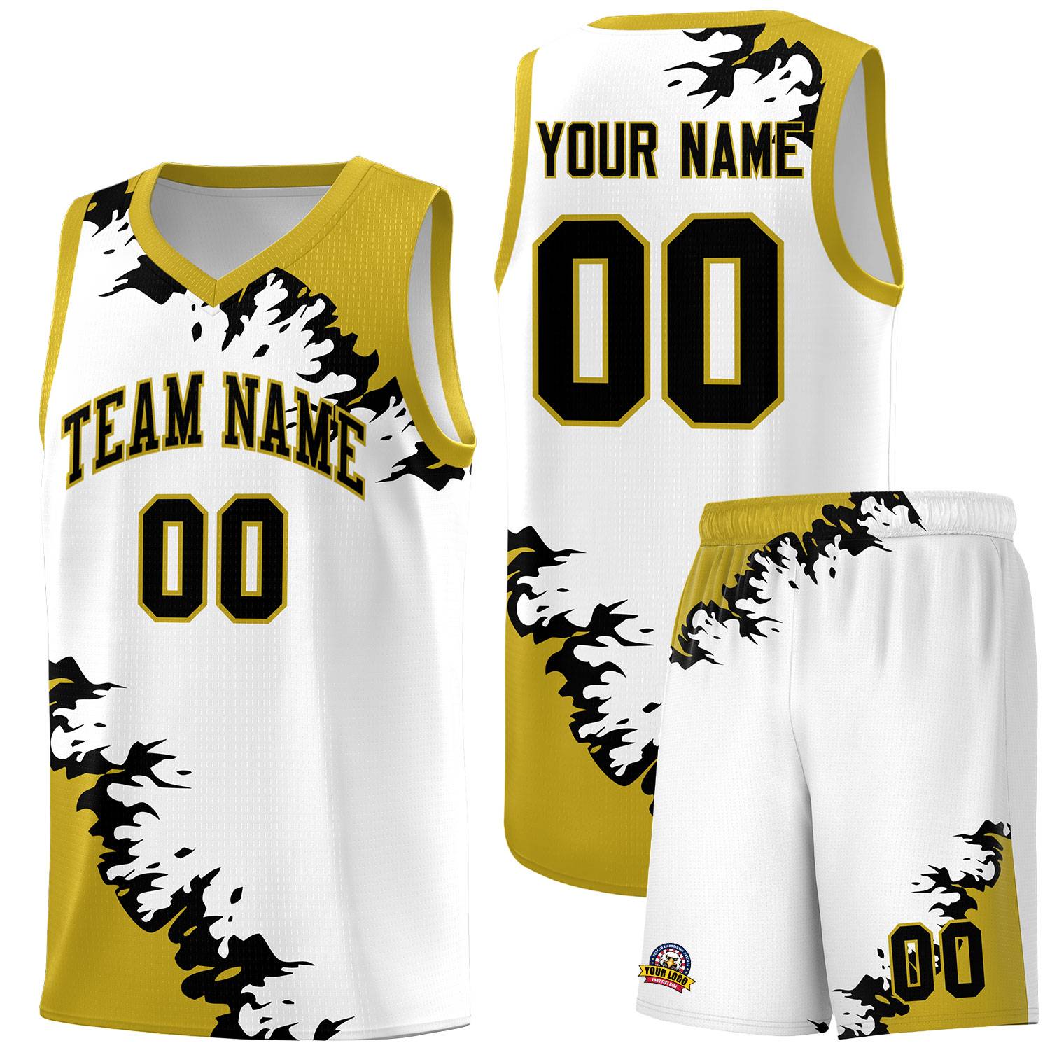 Custom White Old Gold-Black Sparkle Print Pattern Basketball Kits