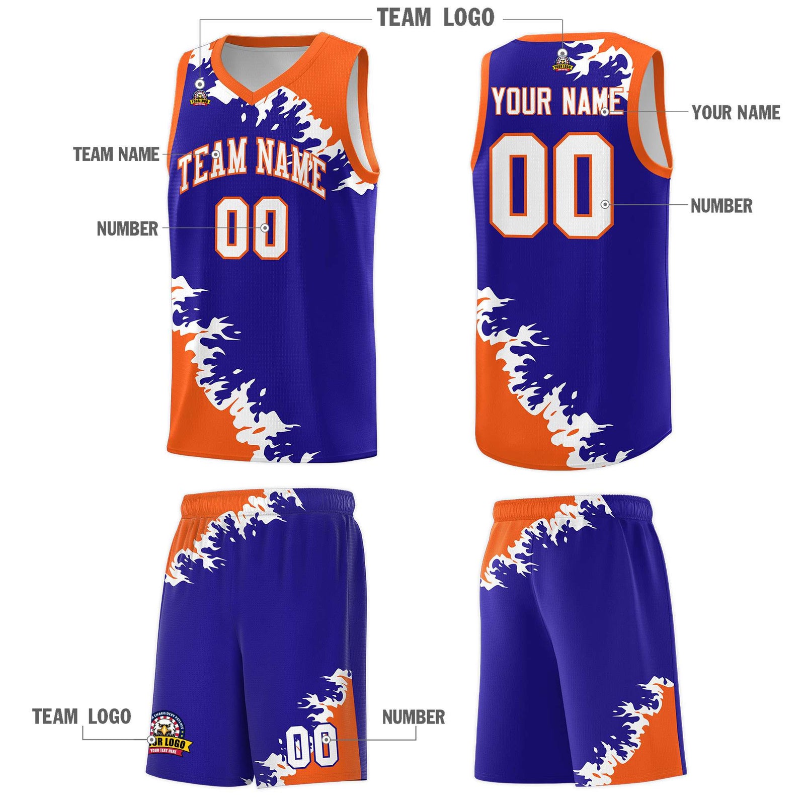 Custom Royal Orange-White Sparkle Print Pattern Basketball Kits