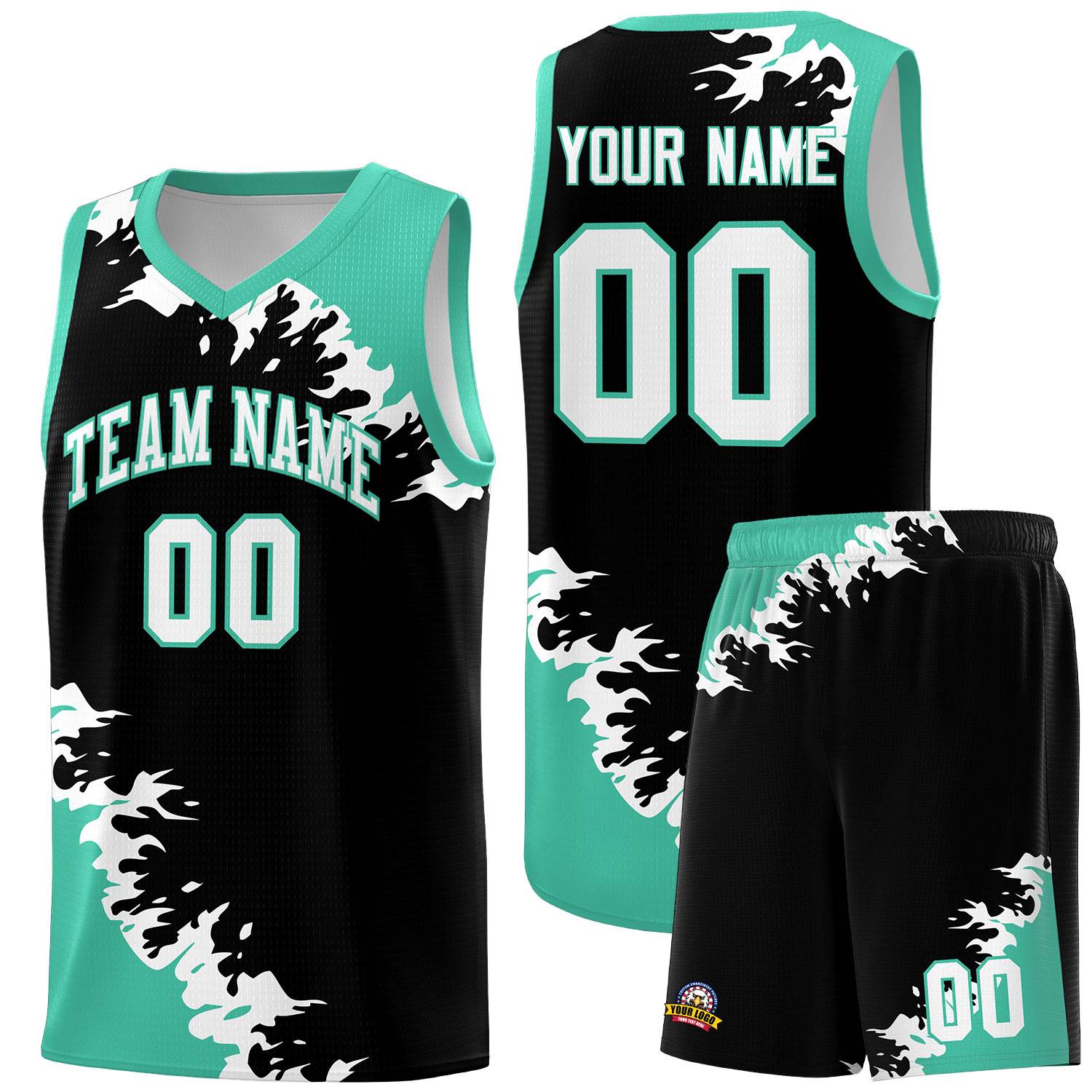 Custom Black Bright Green-White Sparkle Print Pattern Basketball Kits