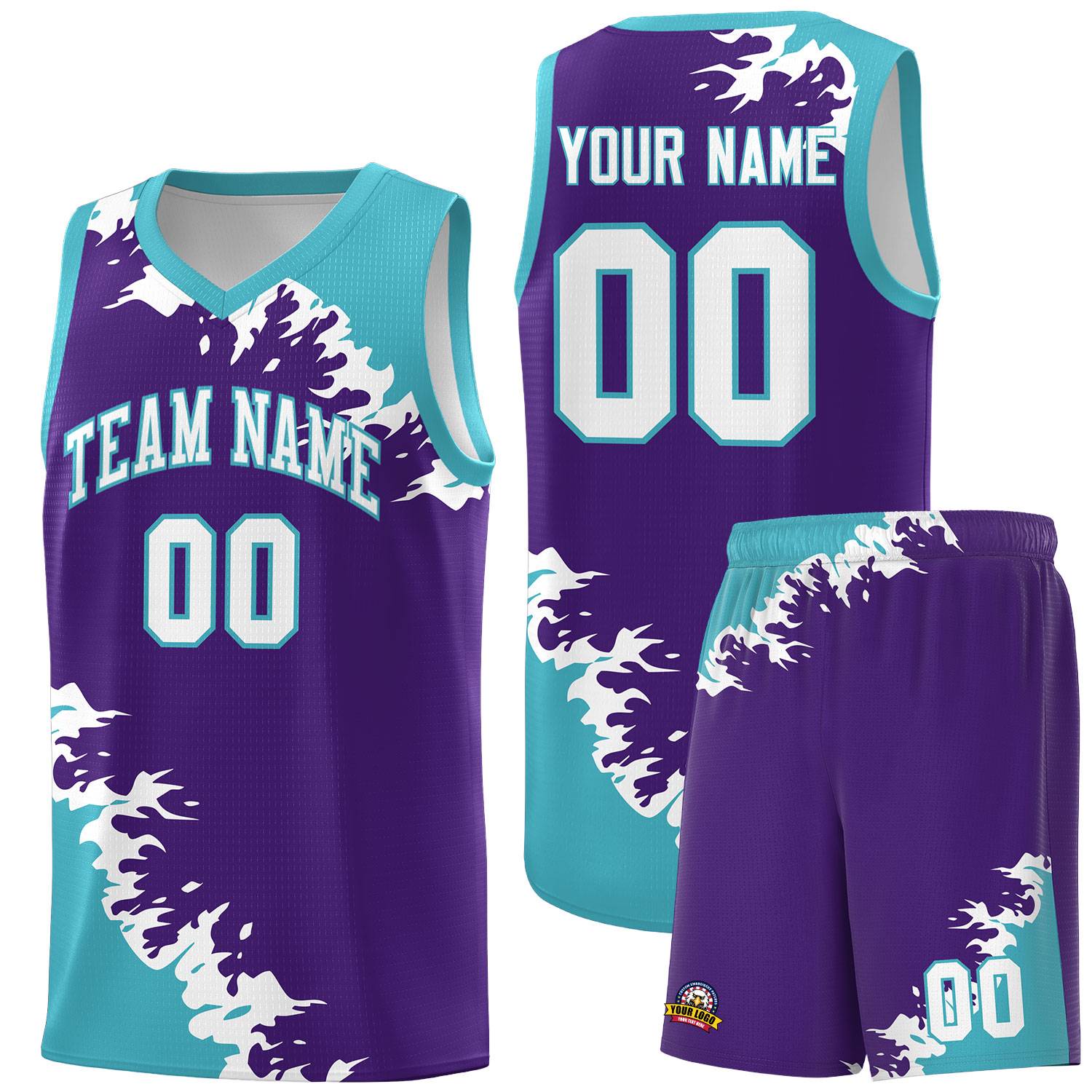 Custom Purple Sky Blue-White Sparkle Print Pattern Basketball Kits
