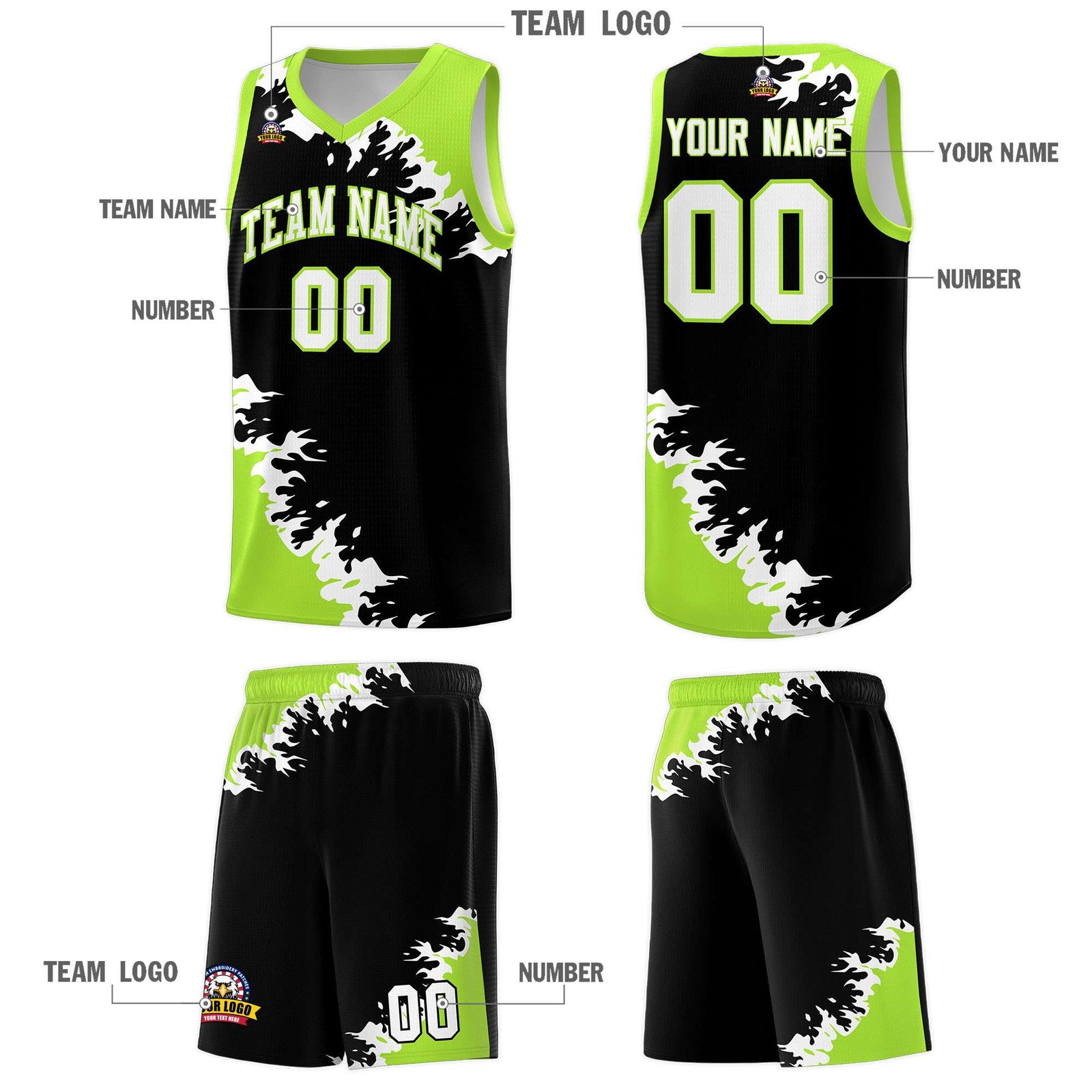 Custom Black Neon Green-White Sparkle Print Pattern Basketball Kits