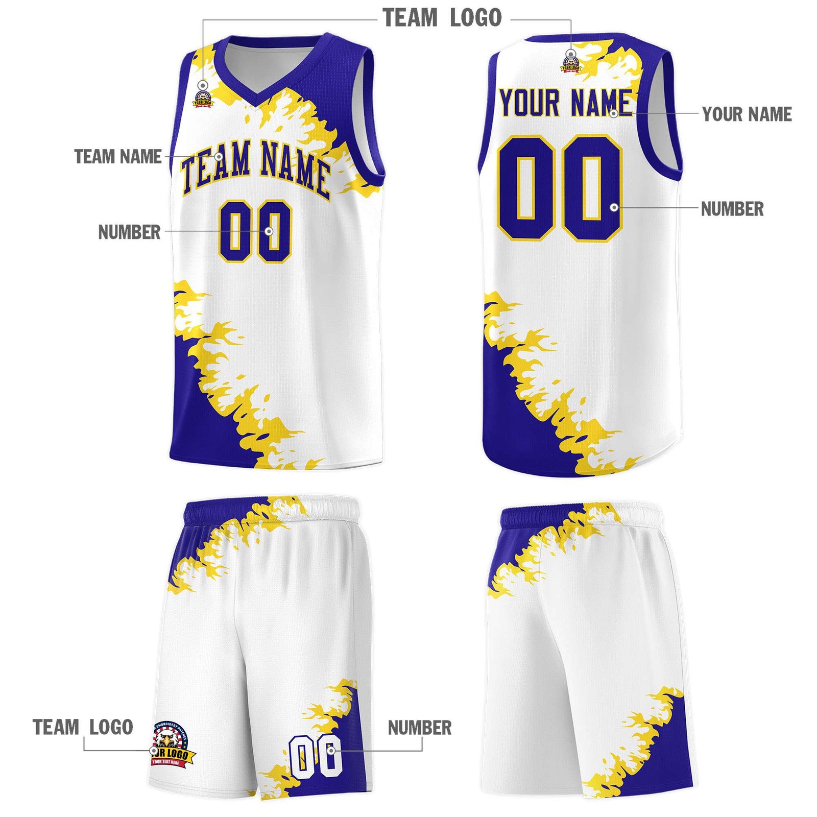 Custom White Royal-Gold Sparkle Print Pattern Basketball Kits