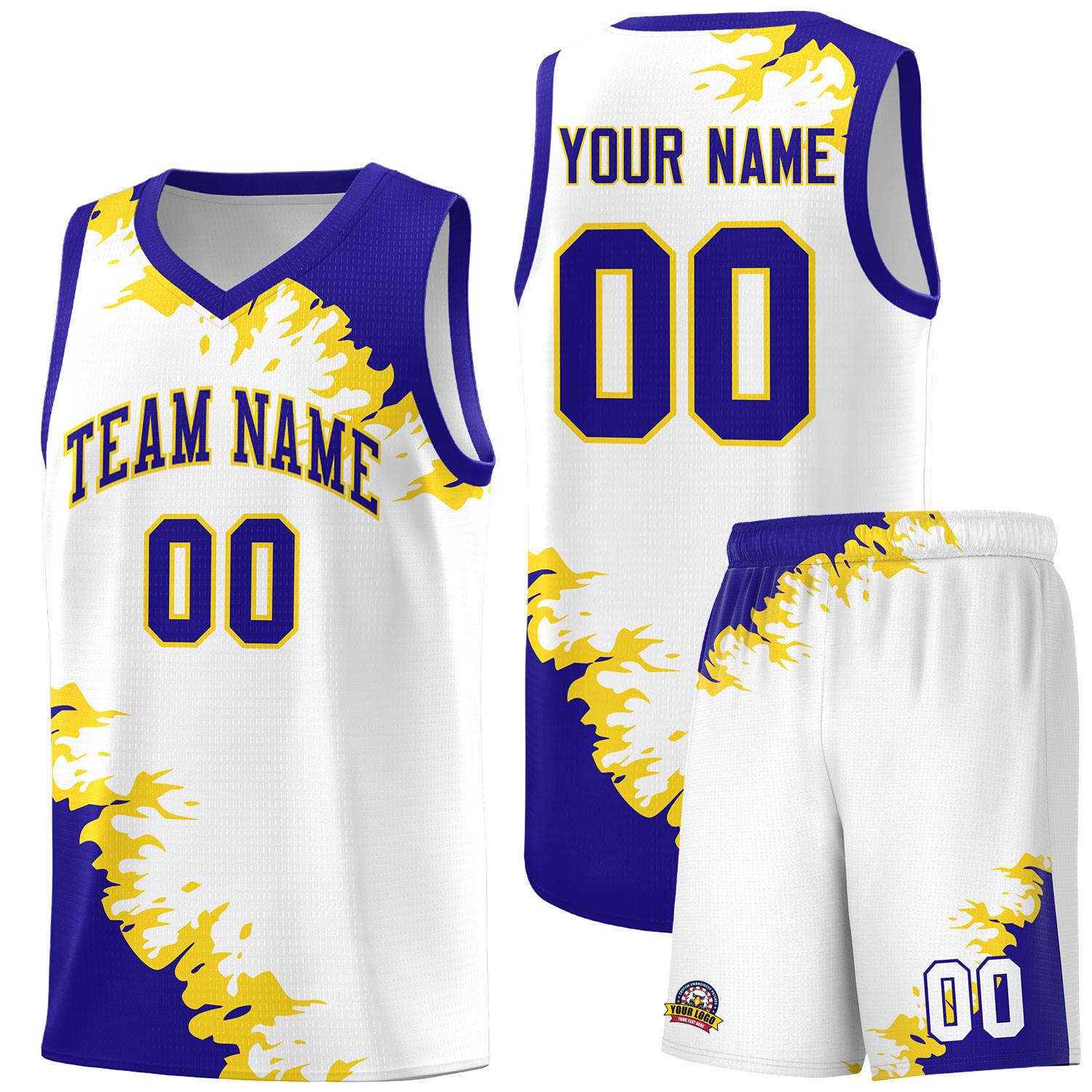 Custom White Royal-Gold Sparkle Print Pattern Basketball Kits