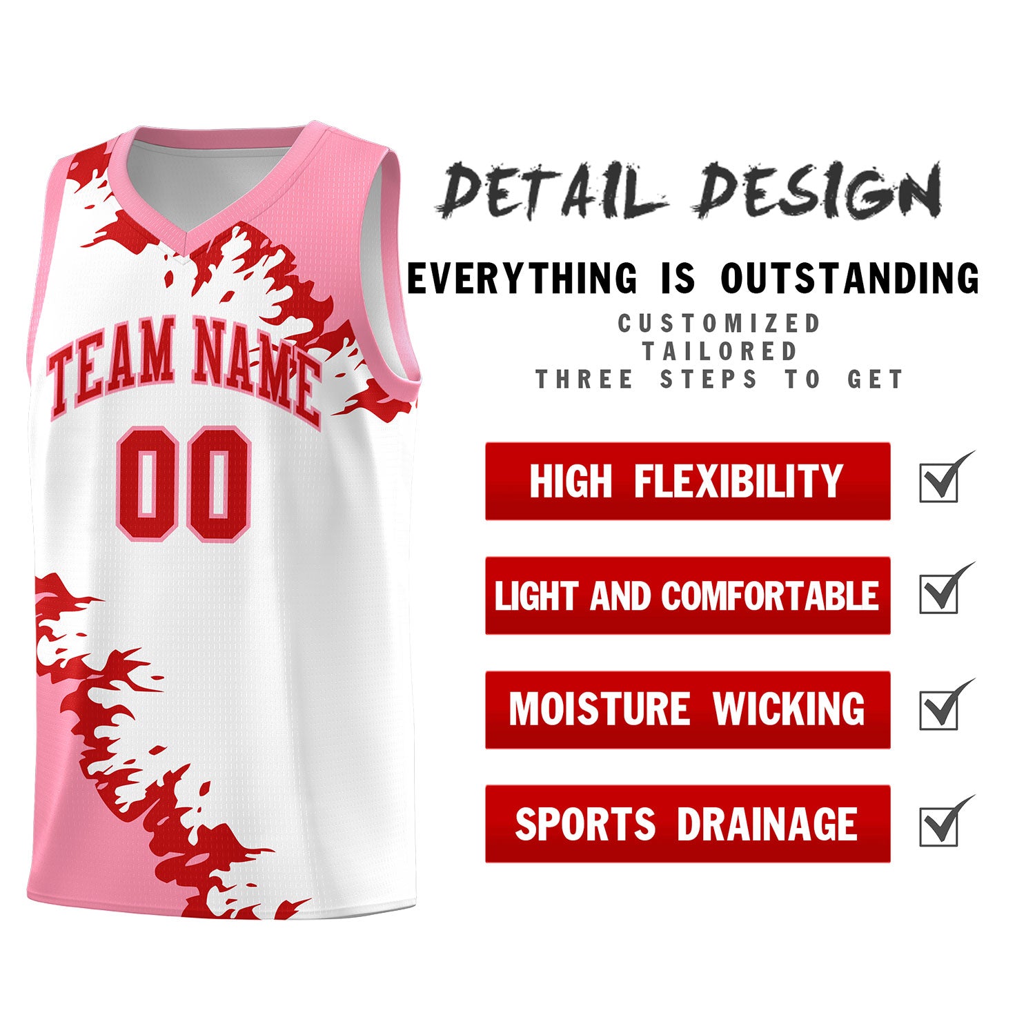 Custom White Light Pink-Red Sparkle Print Pattern Basketball Kits