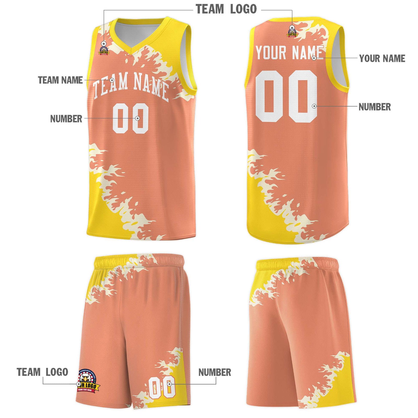 Custom Light Orange Gold-Cream Sparkle Print Pattern Basketball Kits