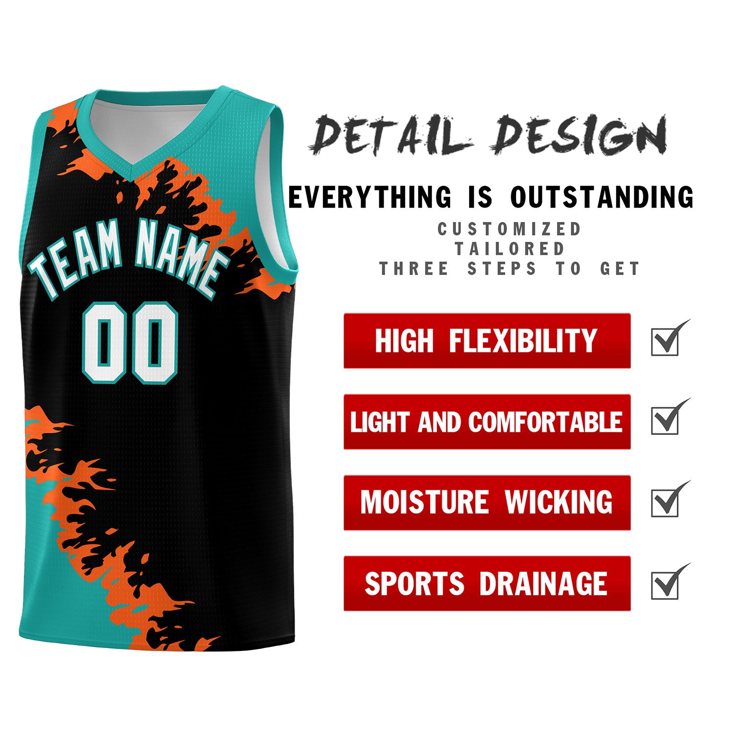 Custom Black Aqua-Orange Sparkle Print Pattern Basketball Kits