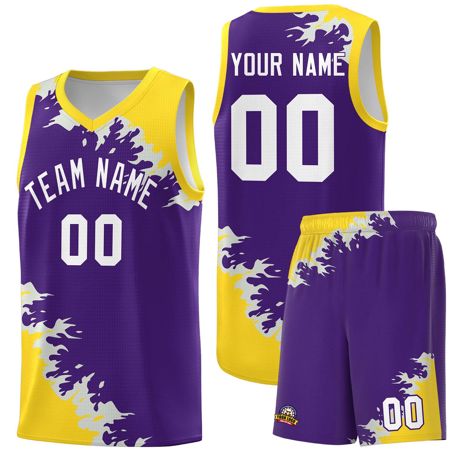 Custom Purple Gold-Gray Sparkle Print Pattern Basketball Kits