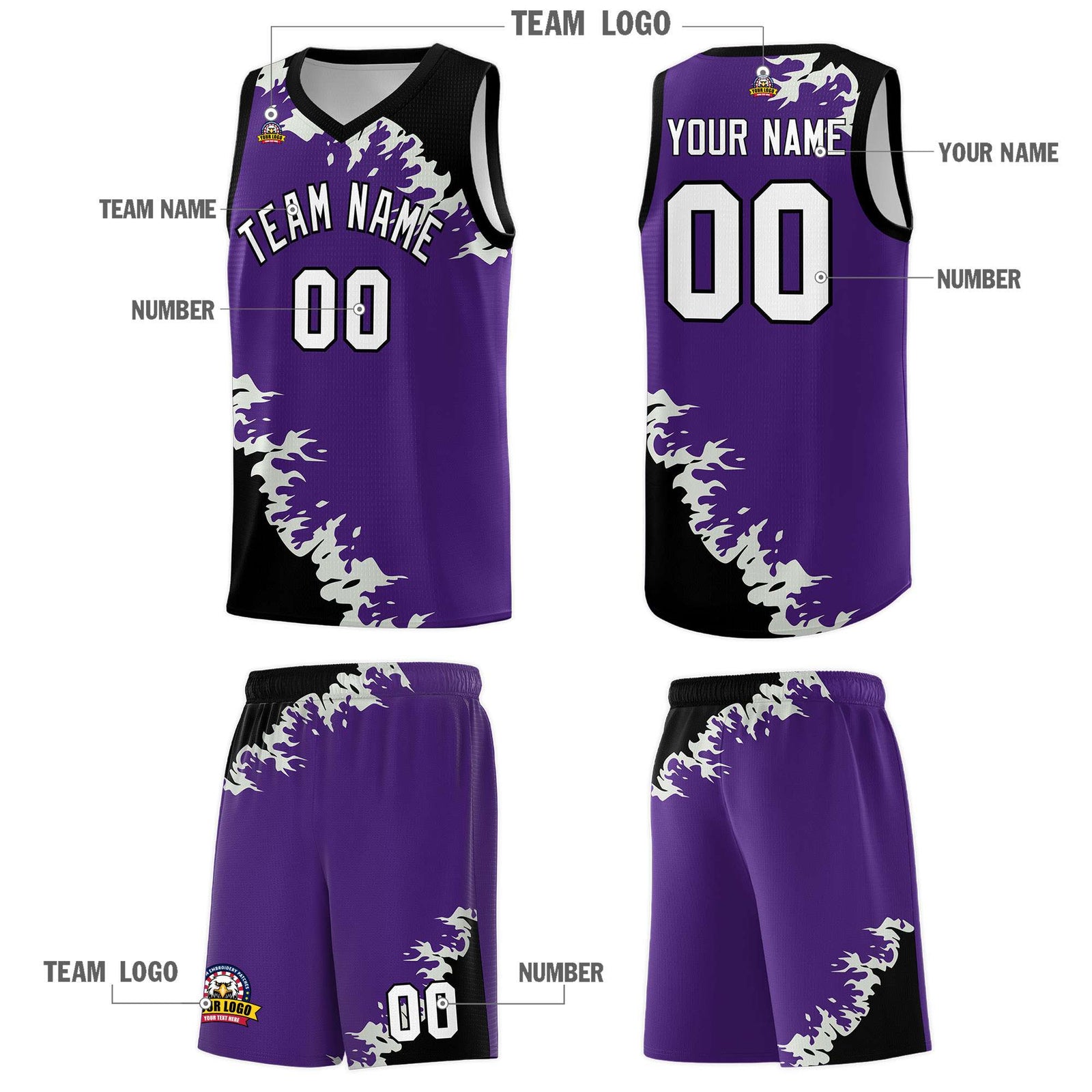 Custom Purple Black-Gray Sparkle Print Pattern Basketball Kits