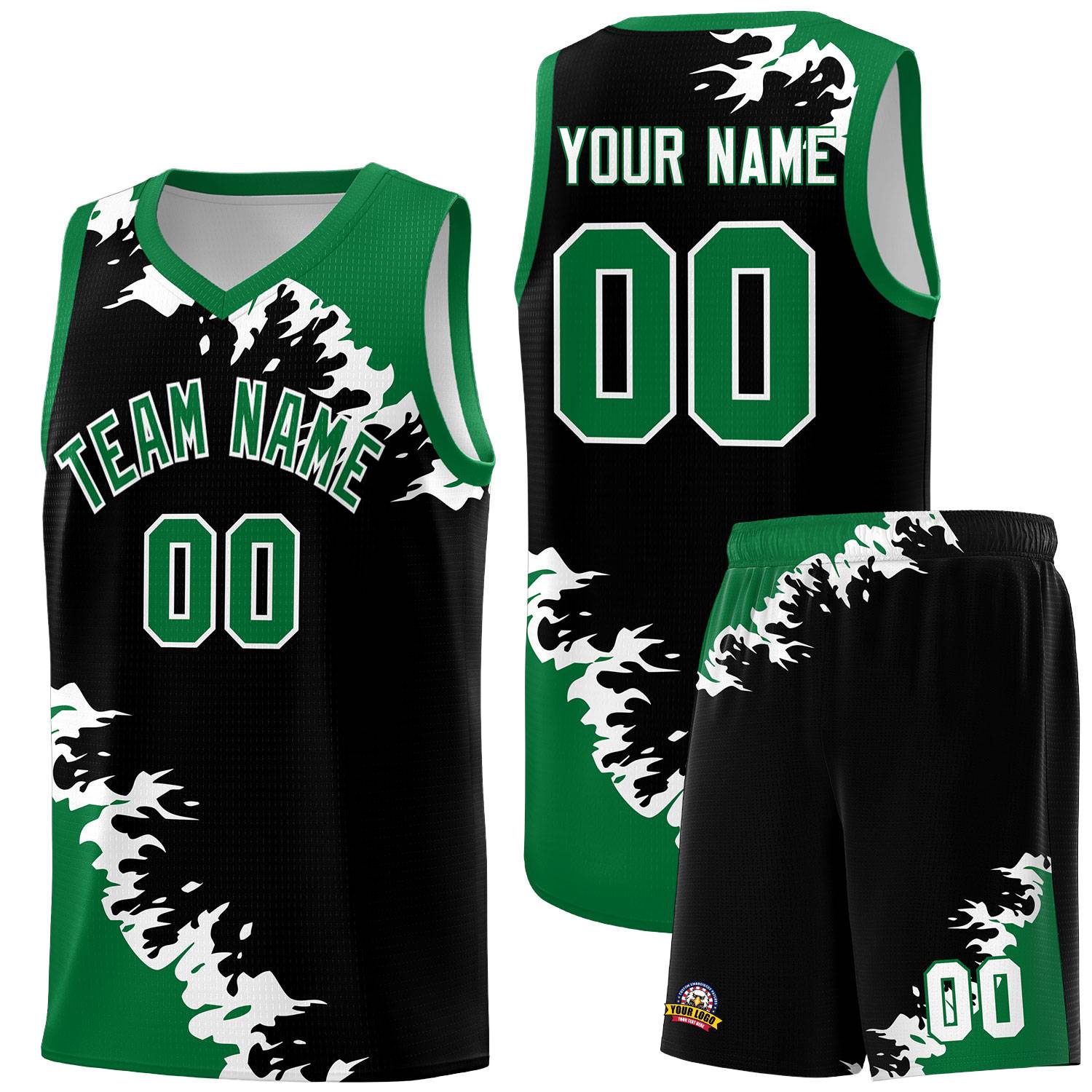 Custom Black Kelly Green-White Sparkle Print Pattern Basketball Kits