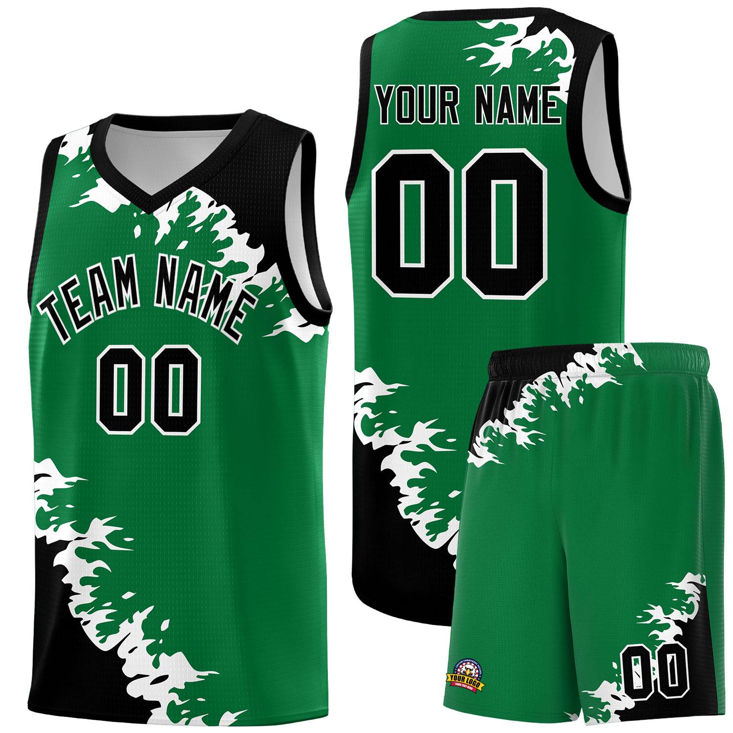 Custom Kelly Green Black-White Sparkle Print Pattern Basketball Kits