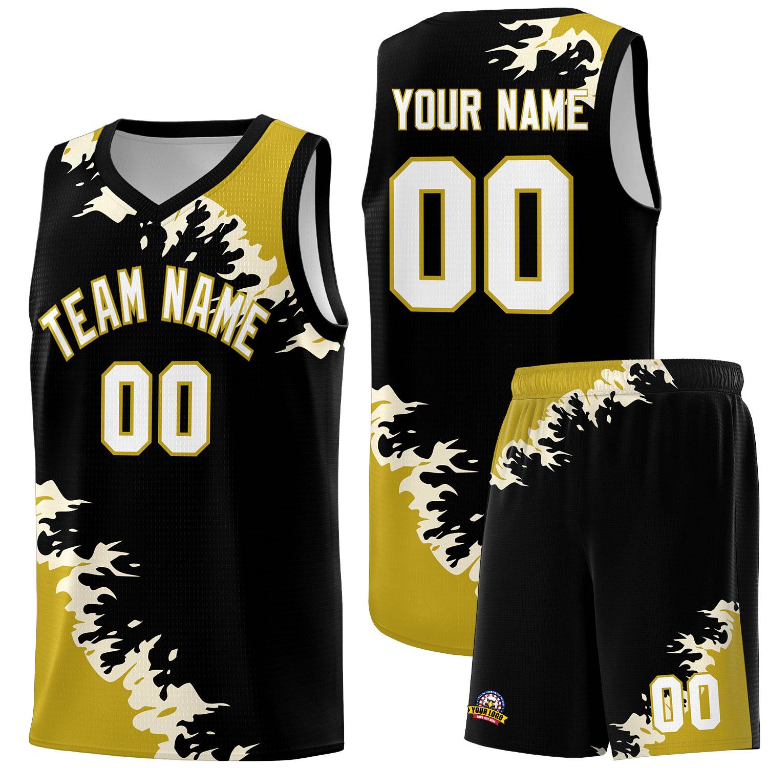 Custom Black Old Gold-Cream Sparkle Print Pattern Basketball Kits