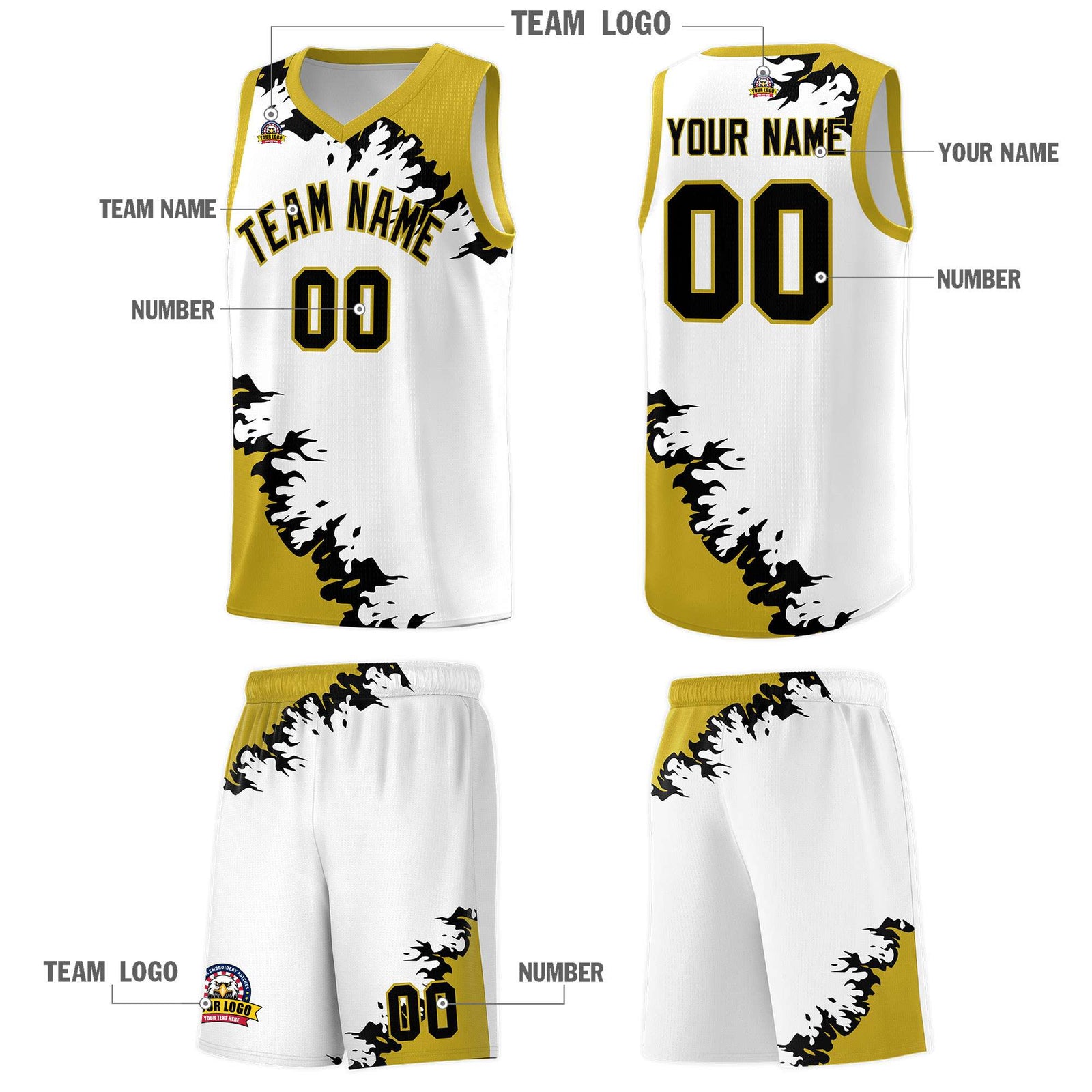 Custom White Old Gold-Black Sparkle Print Pattern Basketball Kits