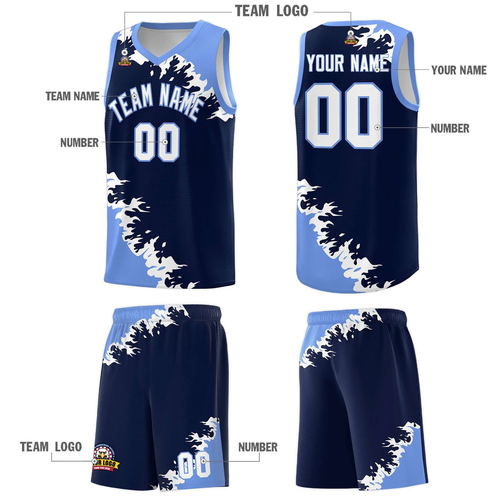 Custom Navy Light Blue-White Sparkle Print Pattern Basketball Kits