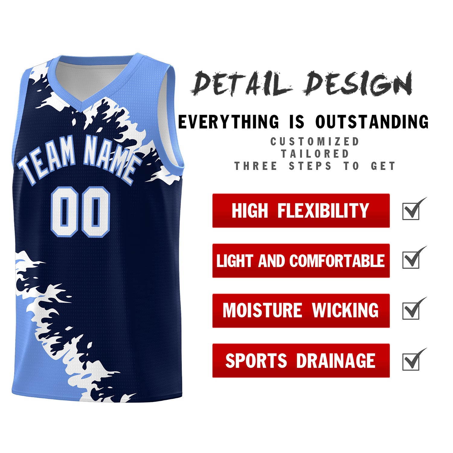 Custom Navy Light Blue-White Sparkle Print Pattern Basketball Kits