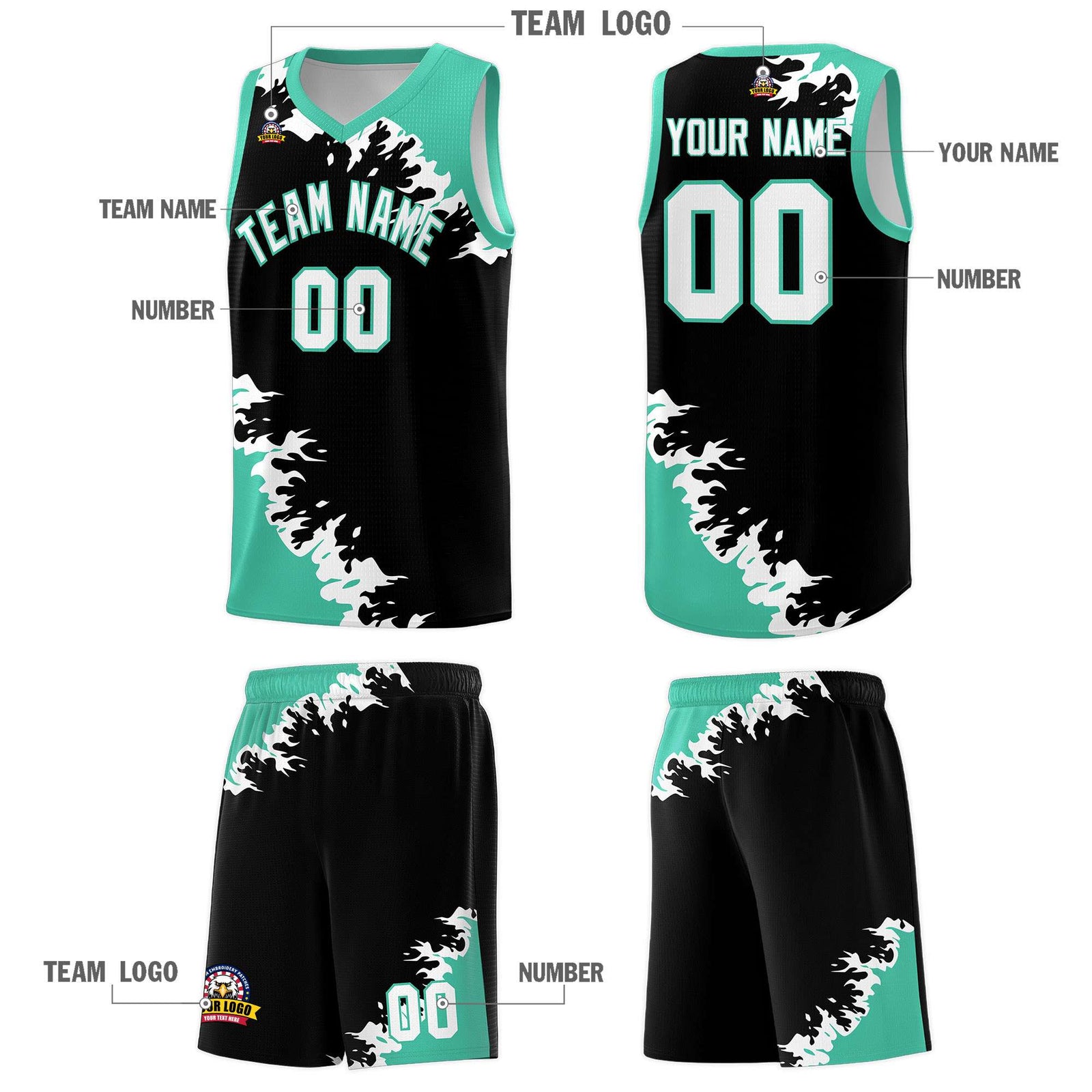 Custom Black Bright Green-White Sparkle Print Pattern Basketball Kits