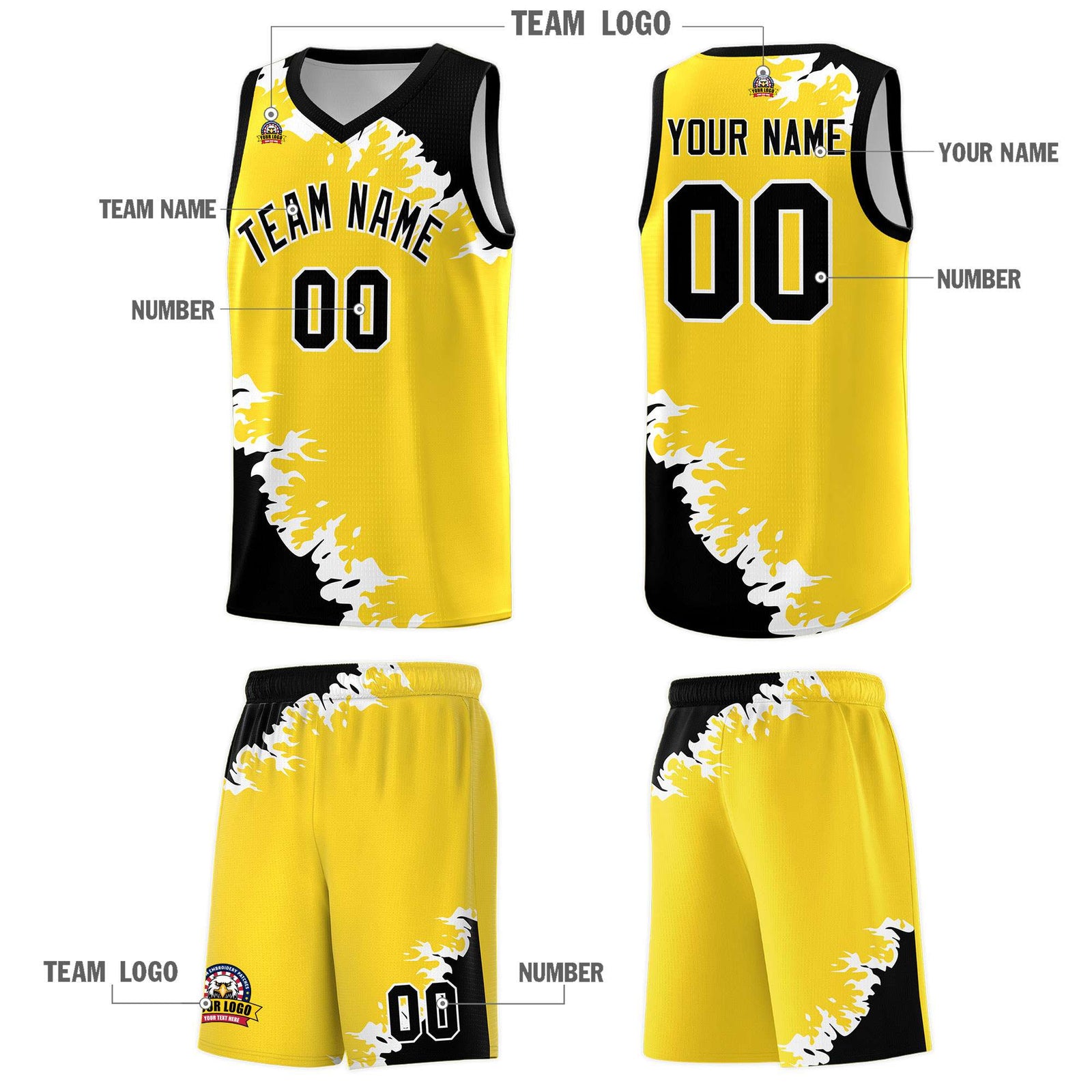 Custom Gold Black-White Sparkle Print Pattern Basketball Kits