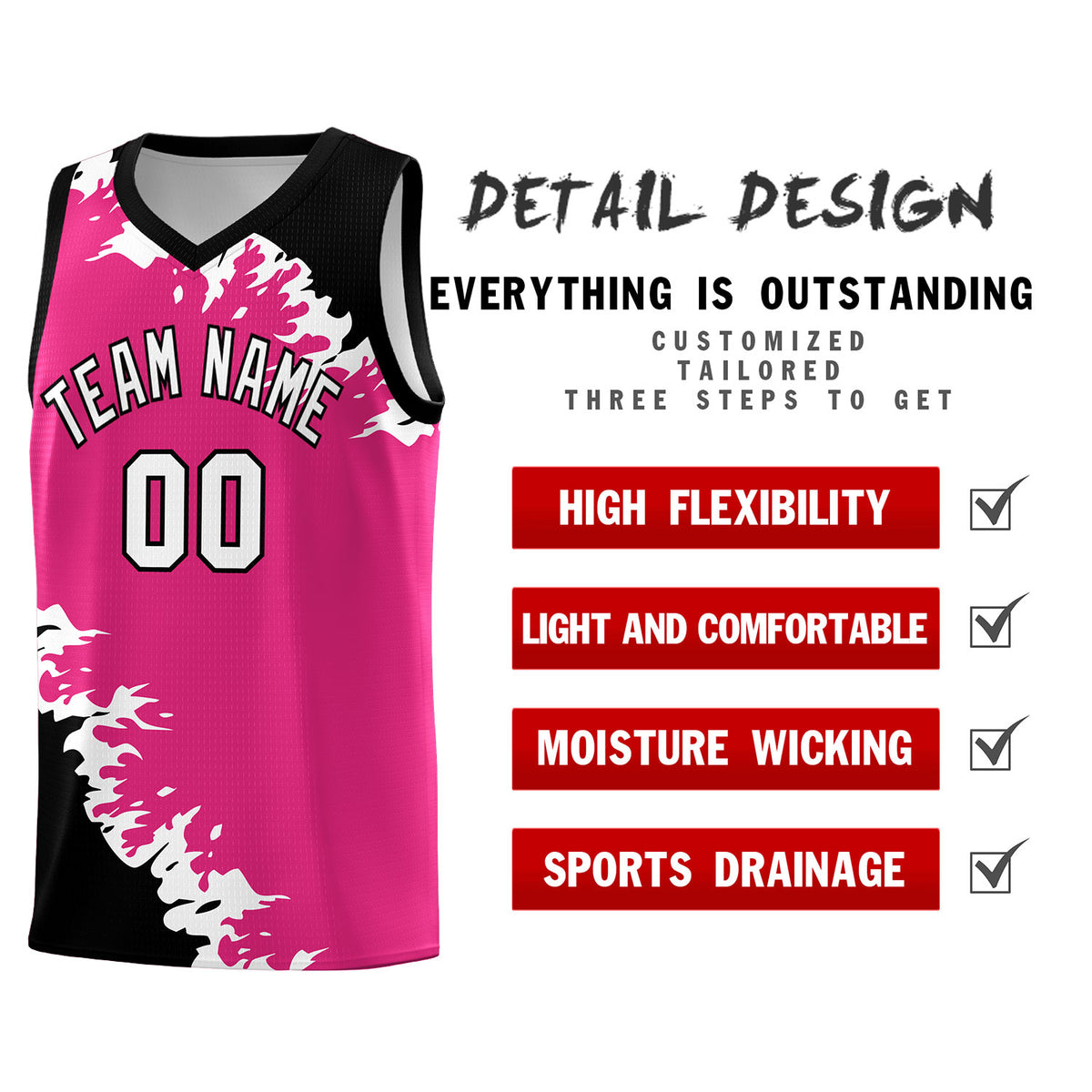Custom Rose Red Black-White Sparkle Print Pattern Basketball Kits