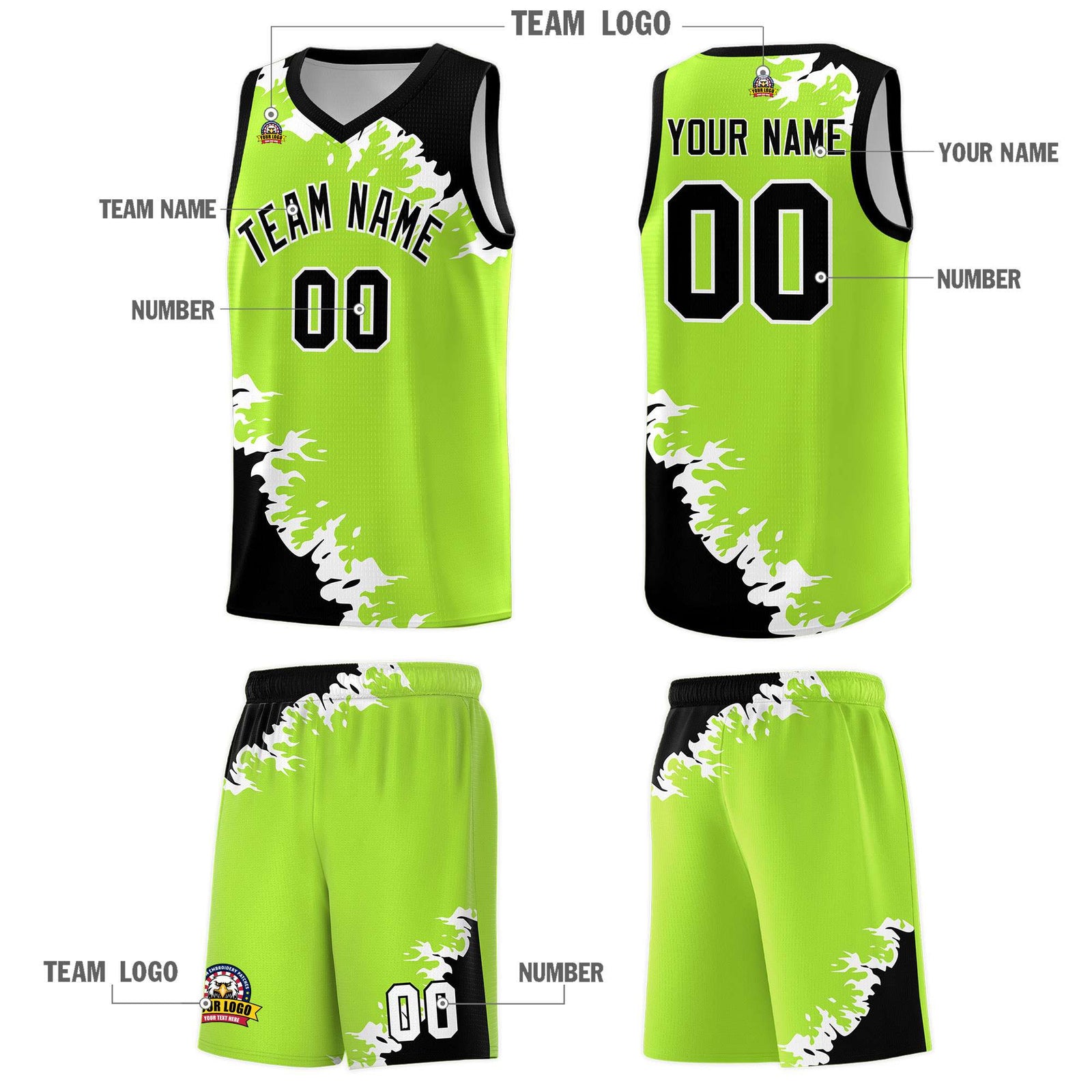 Custom Neon Green Black-White Sparkle Print Pattern Basketball Kits