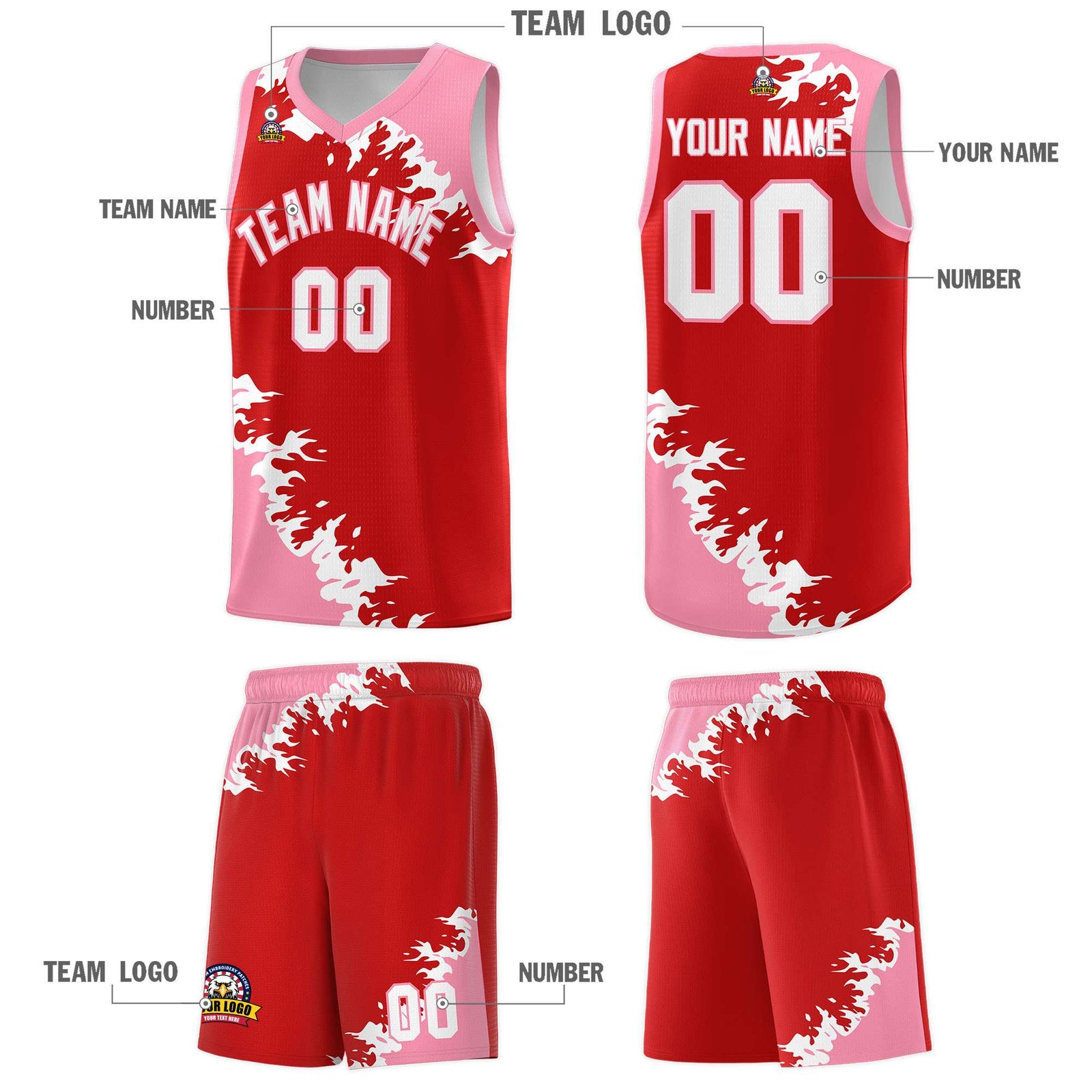 Custom Red Light Pink-White Sparkle Print Pattern Basketball Kits