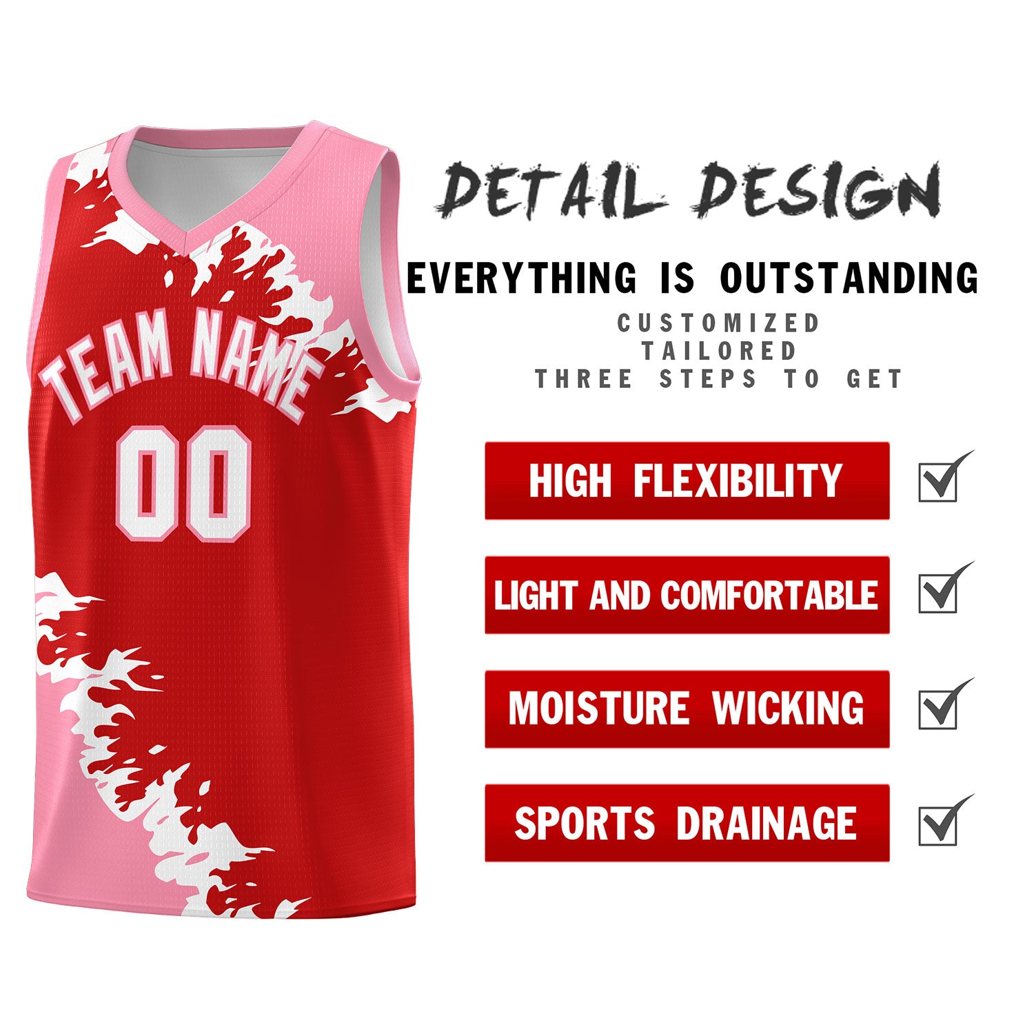 Custom Red Light Pink-White Sparkle Print Pattern Basketball Kits