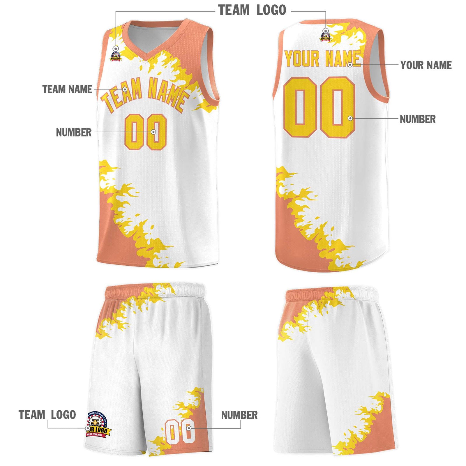 Custom White Light Orange-Gold Sparkle Print Pattern Basketball Kits
