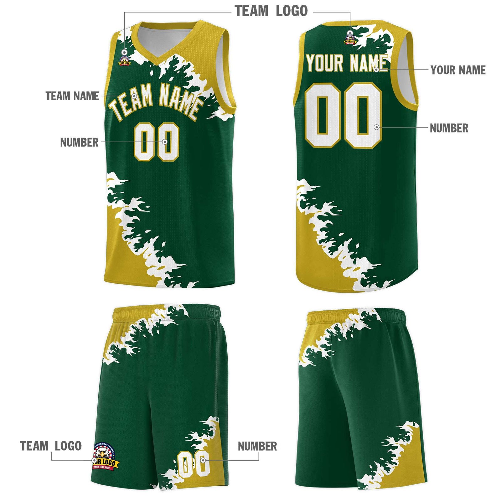 Custom Green Old Gold-White Sparkle Print Pattern Basketball Kits