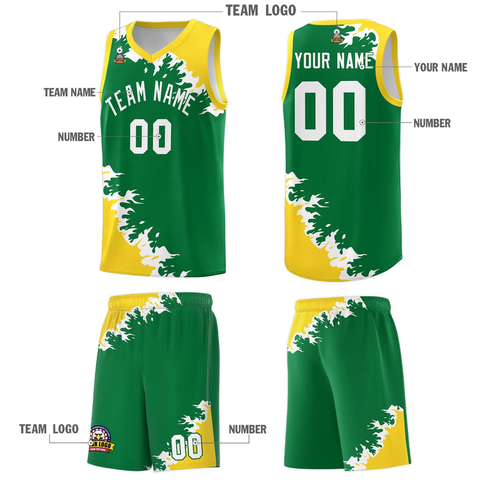 Custom Kelly Green Gold-White Sparkle Print Pattern Basketball Kits
