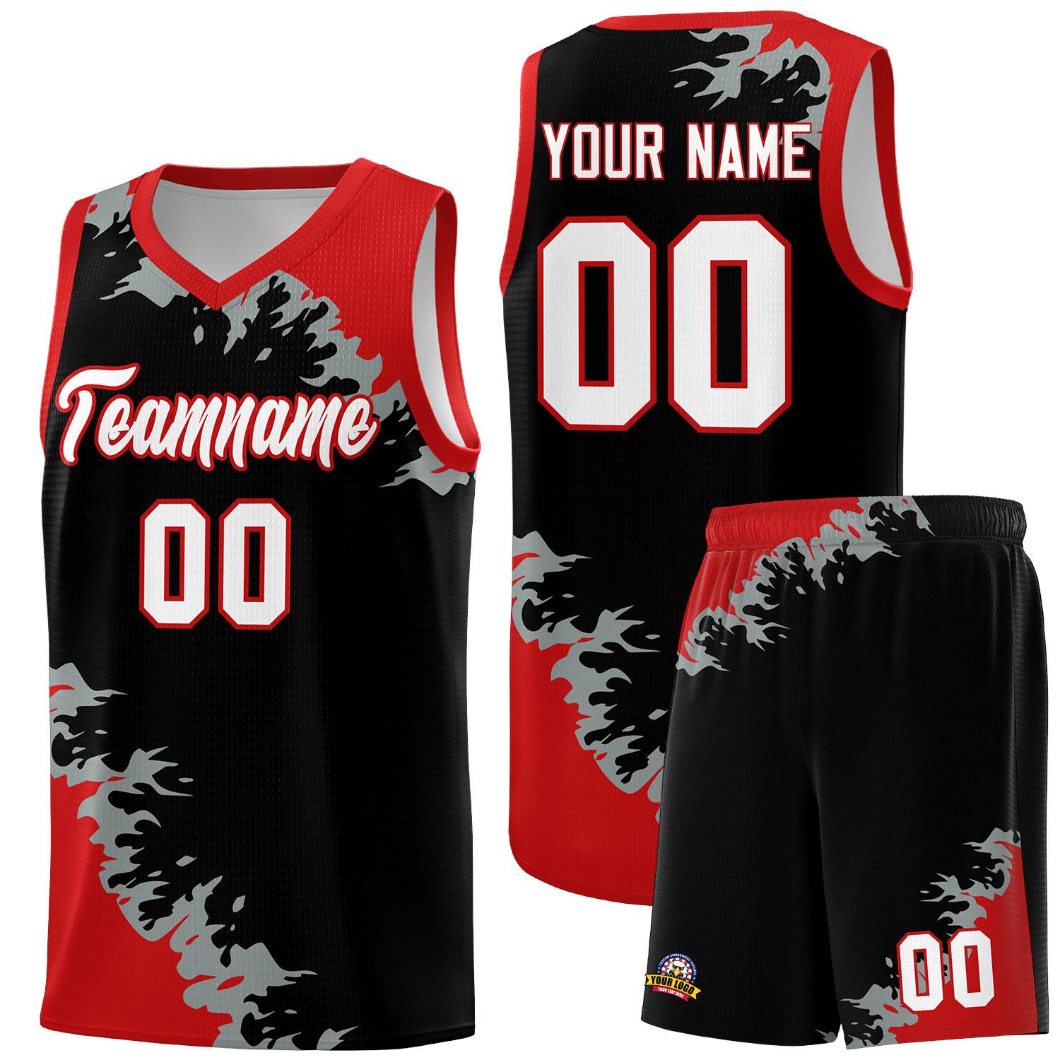 Custom Black Red-Silver Gray Sparkle Print Pattern Basketball Kits