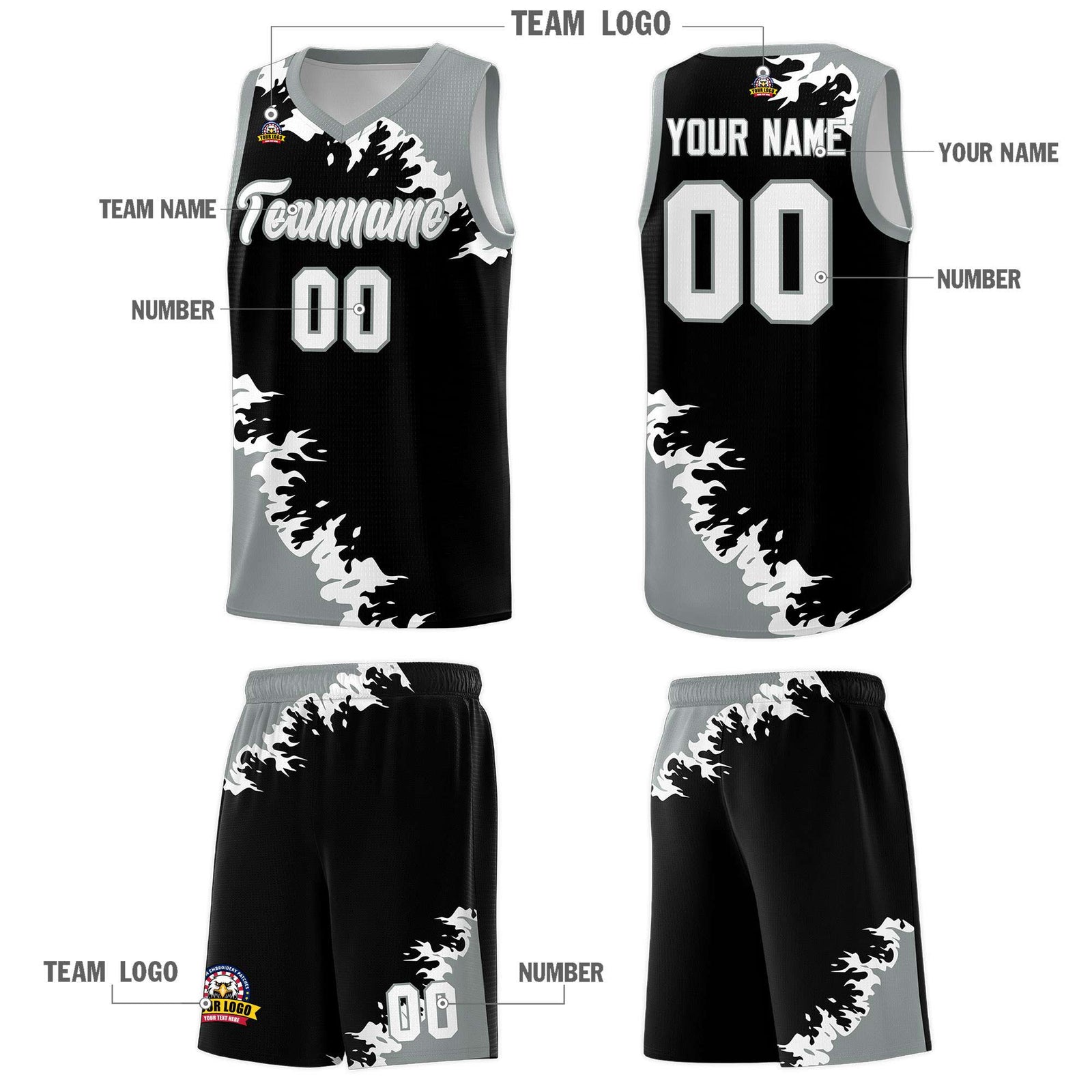 Custom Black Gray-White Sparkle Print Pattern Basketball Kits