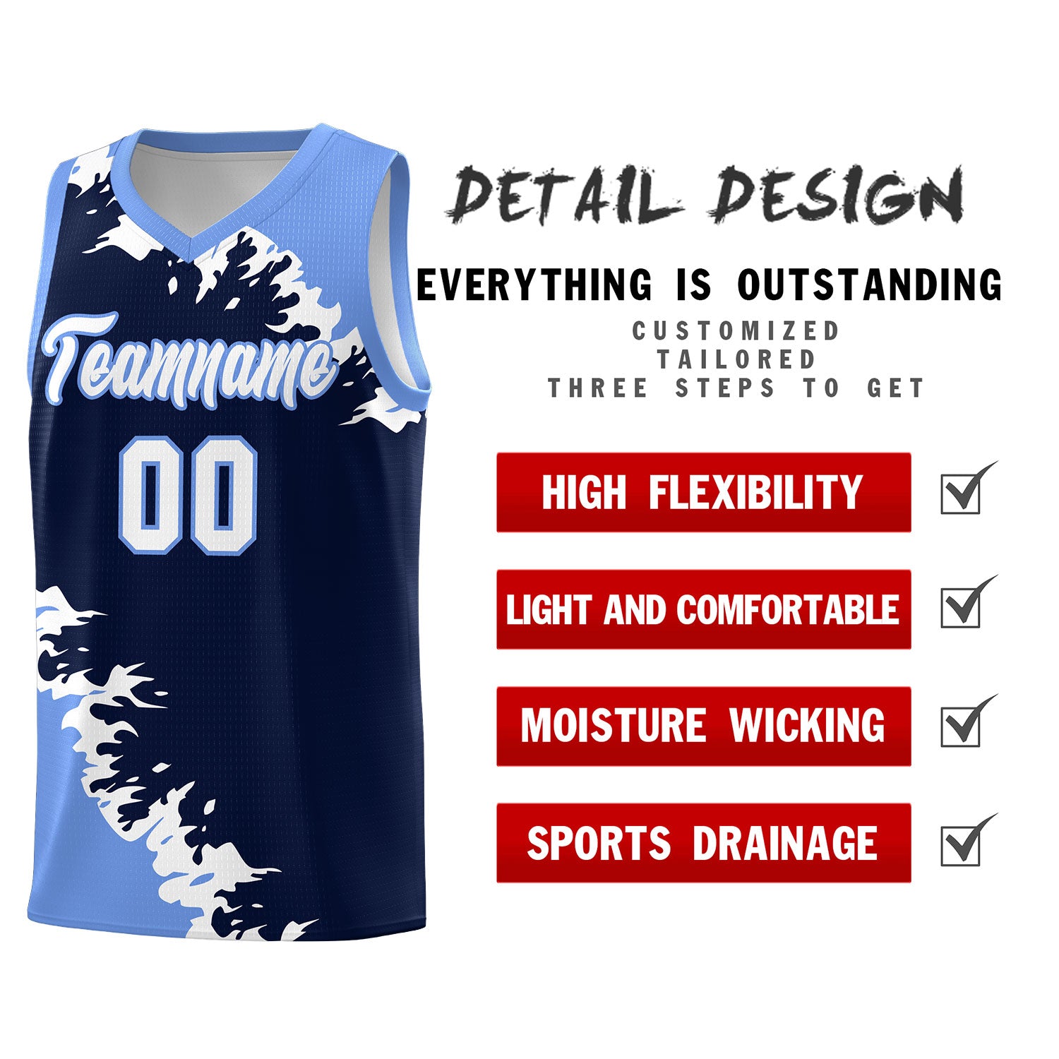 Custom Navy Light Blue-White Sparkle Print Pattern Basketball Kits
