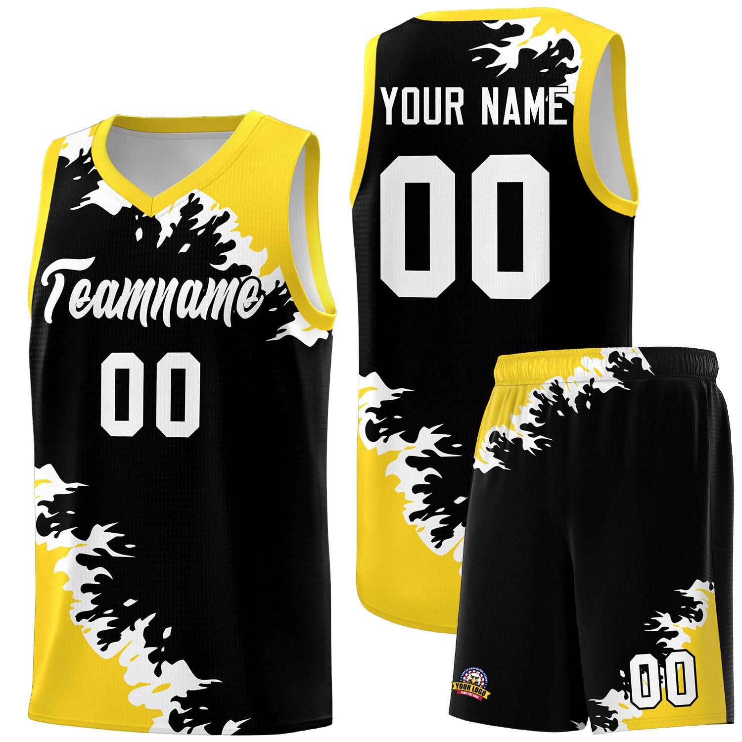 Custom Black Gold-White Sparkle Print Pattern Basketball Kits