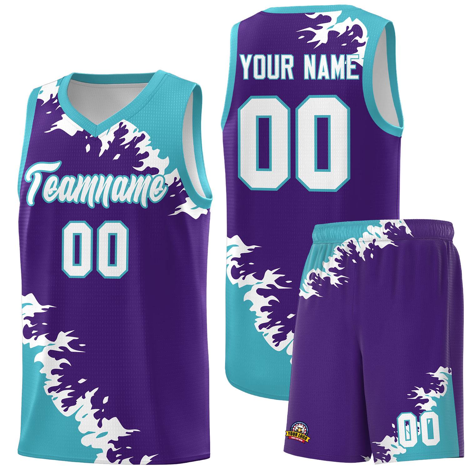 Custom Purple Sky Blue-White Sparkle Print Pattern Basketball Kits