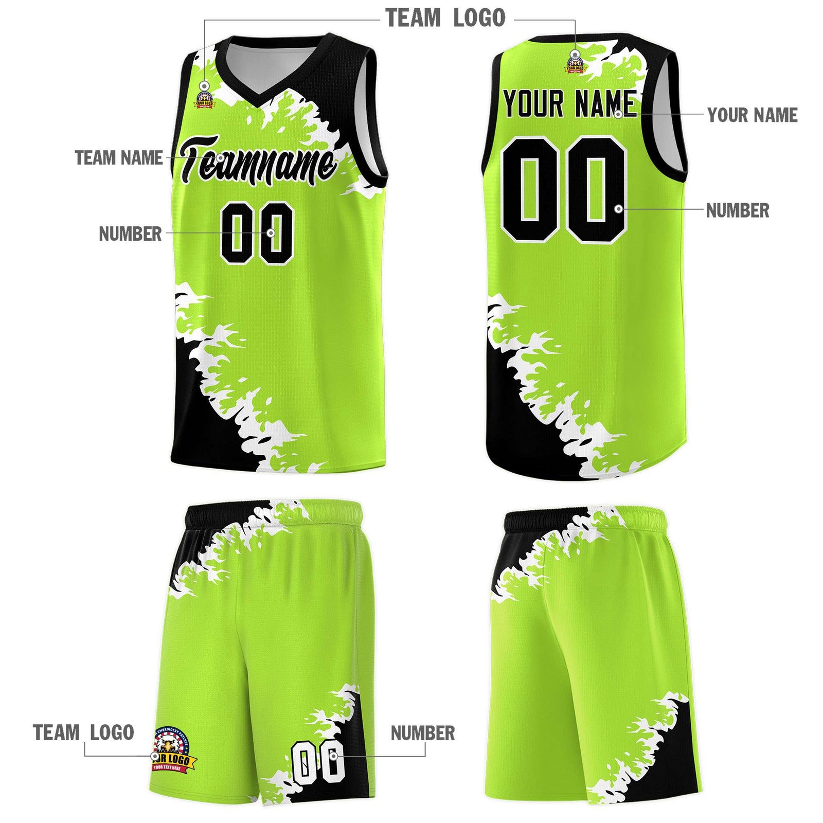 Custom Neon Green Black-White Sparkle Print Pattern Basketball Kits