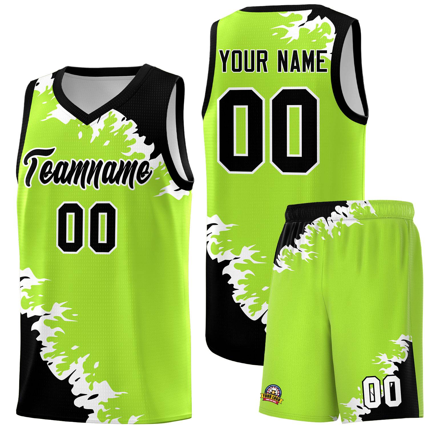 Custom Neon Green Black-White Sparkle Print Pattern Basketball Kits
