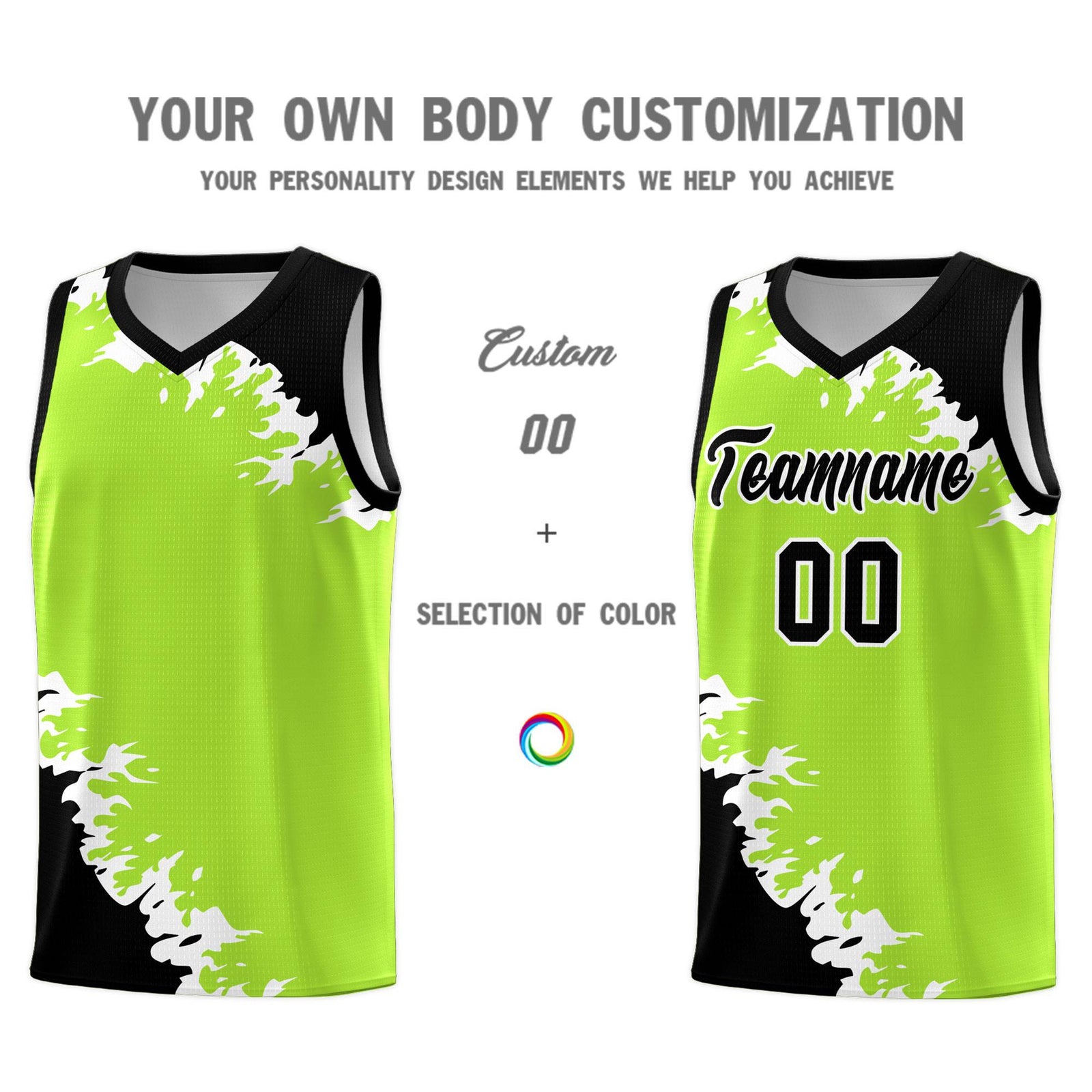 Custom Neon Green Black-White Sparkle Print Pattern Basketball Kits