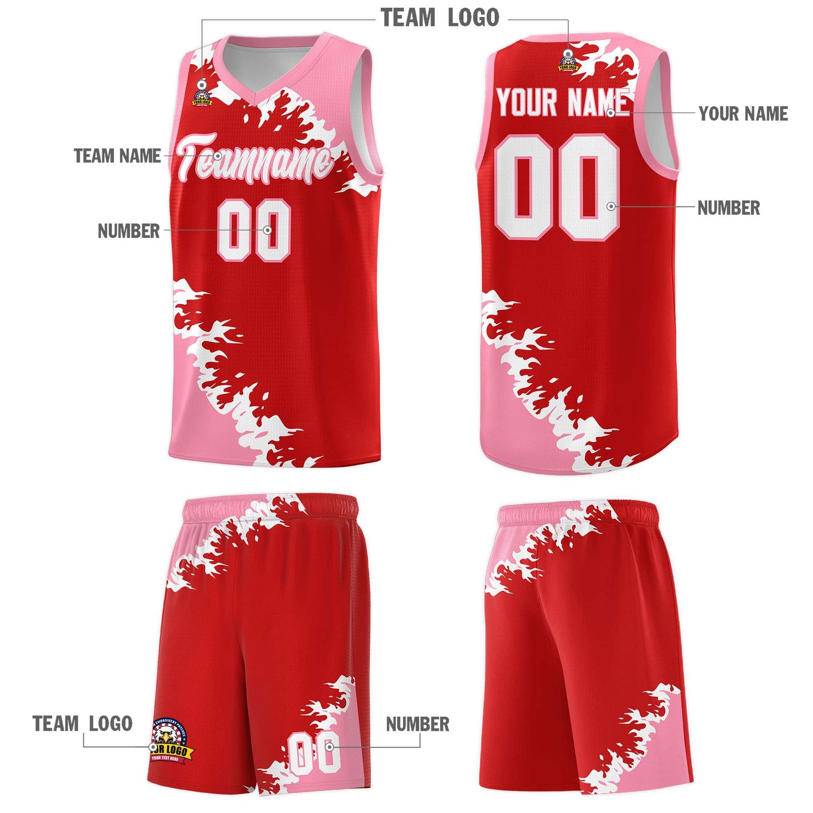 Custom Red Light Pink-White Sparkle Print Pattern Basketball Kits