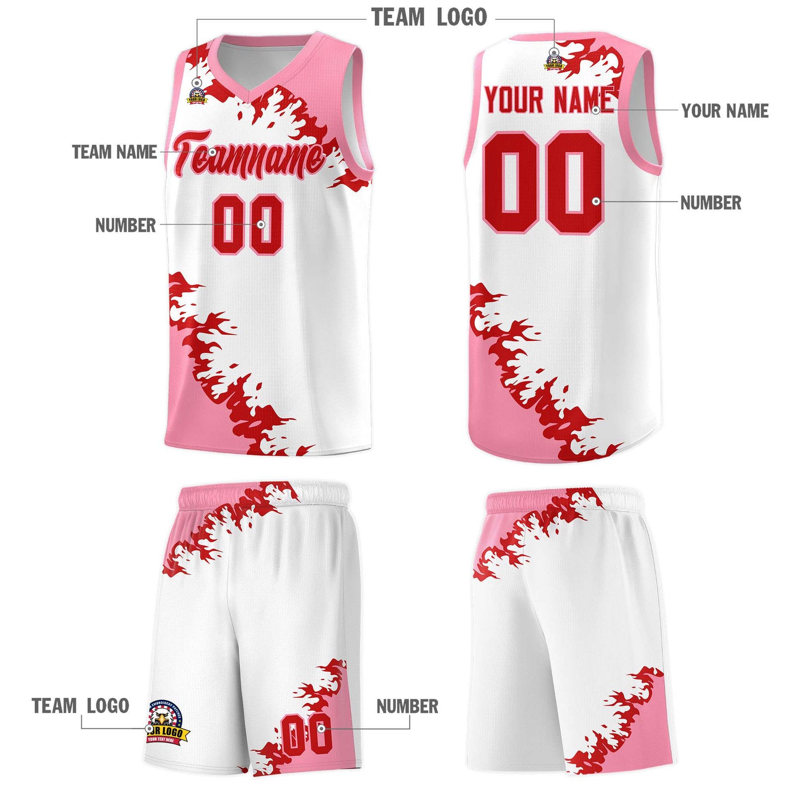 Custom White Light Pink-Red Sparkle Print Pattern Basketball Kits