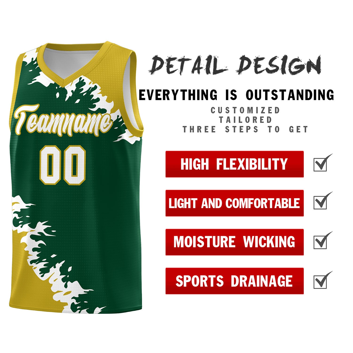 Custom Green Old Gold-White Sparkle Print Pattern Basketball Kits