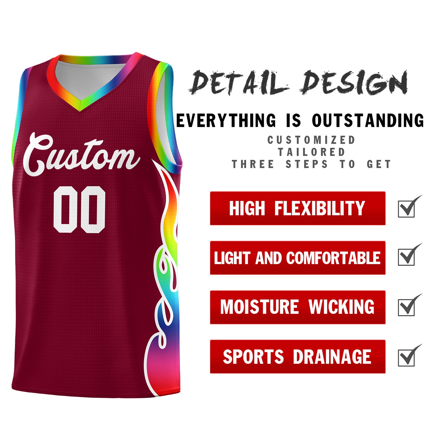 Custom Crimson Side Flame Pattern Fashion Sports Uniform Basketball Jersey