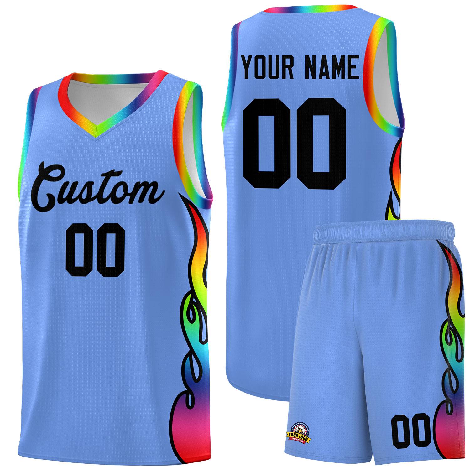 Custom Light Blue Side Flame Pattern Fashion Sports Uniform Basketball Jersey