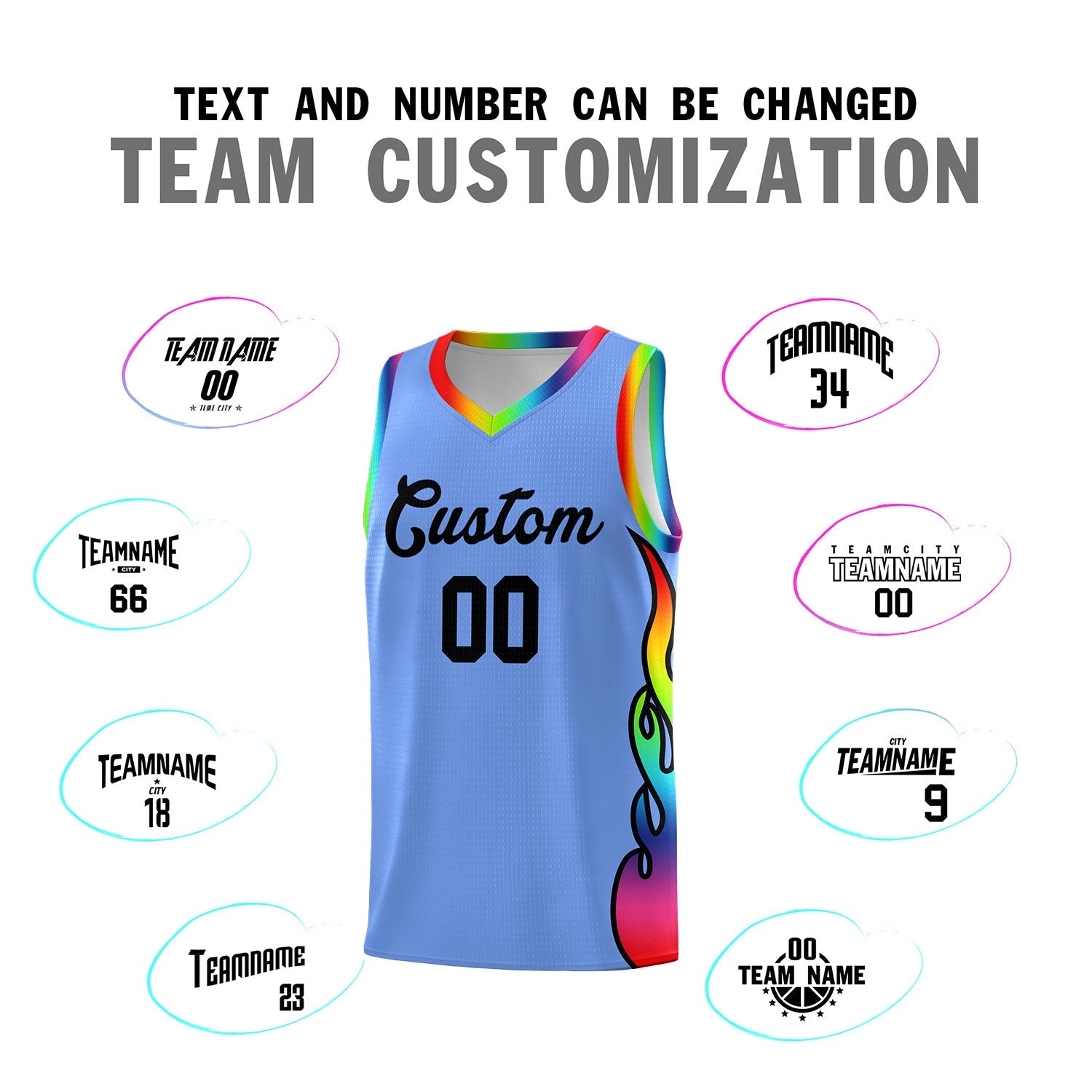 Custom Light Blue Side Flame Pattern Fashion Sports Uniform Basketball Jersey