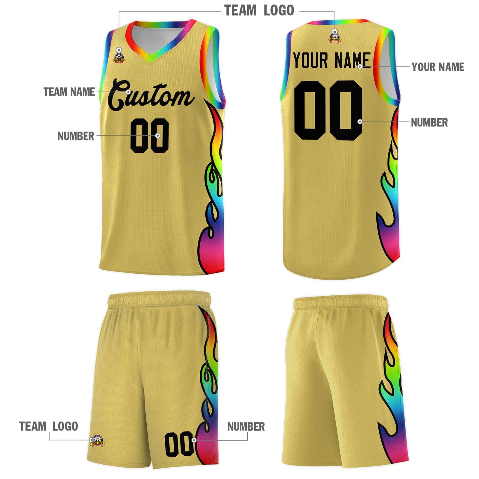 Custom Old Gold Side Flame Pattern Fashion Sports Uniform Basketball Jersey