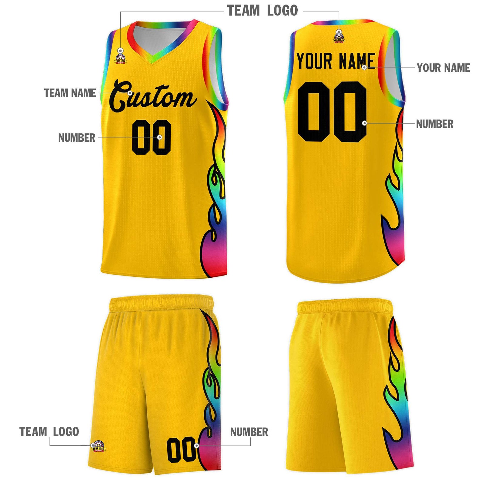 Custom Yellow Side Flame Pattern Fashion Sports Uniform Basketball Jersey