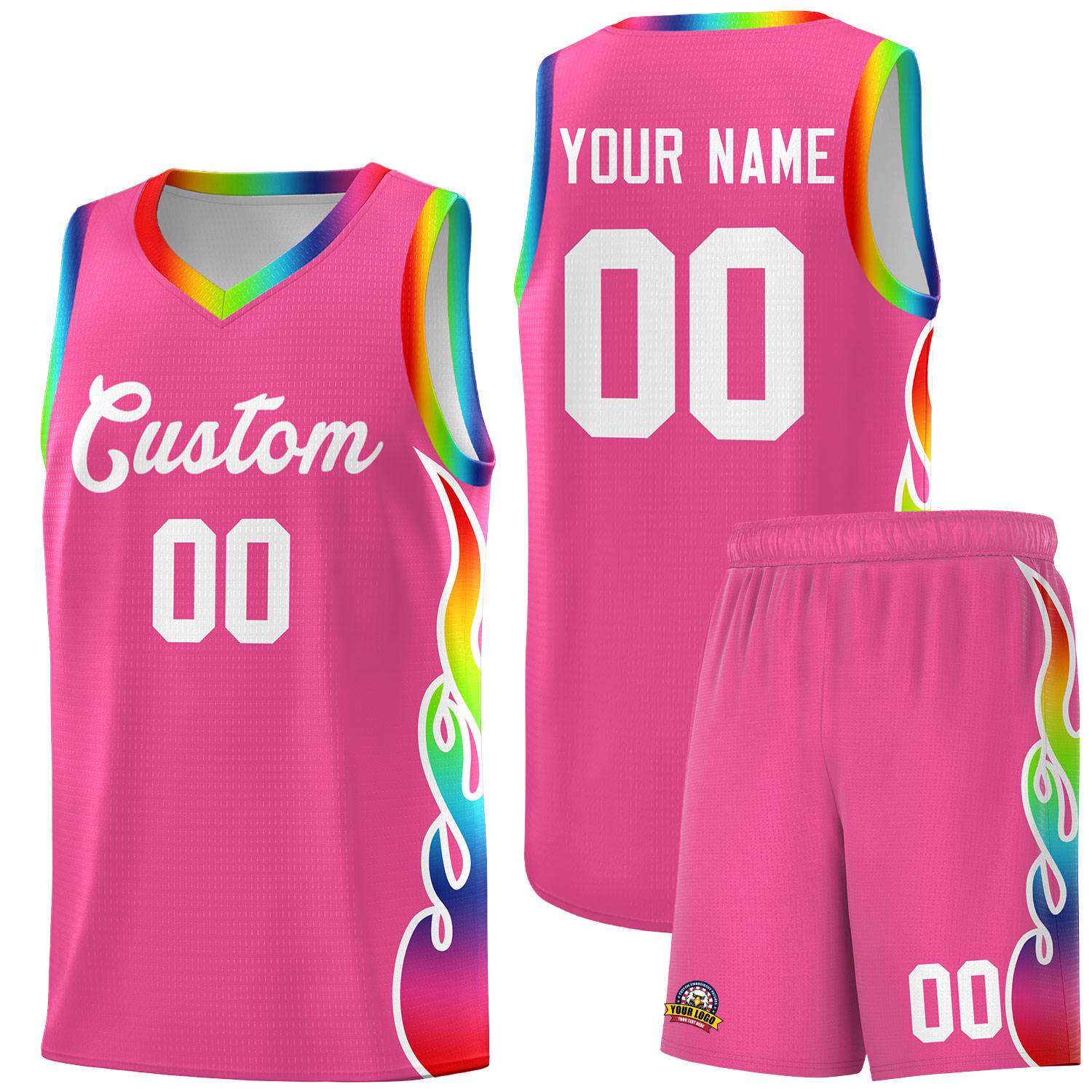 Custom Pink Side Flame Pattern Fashion Sports Uniform Basketball Jersey