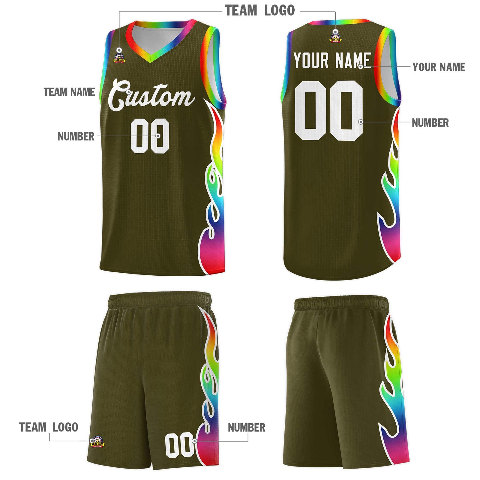 Custom Olive Side Flame Pattern Fashion Sports Uniform Basketball Jersey