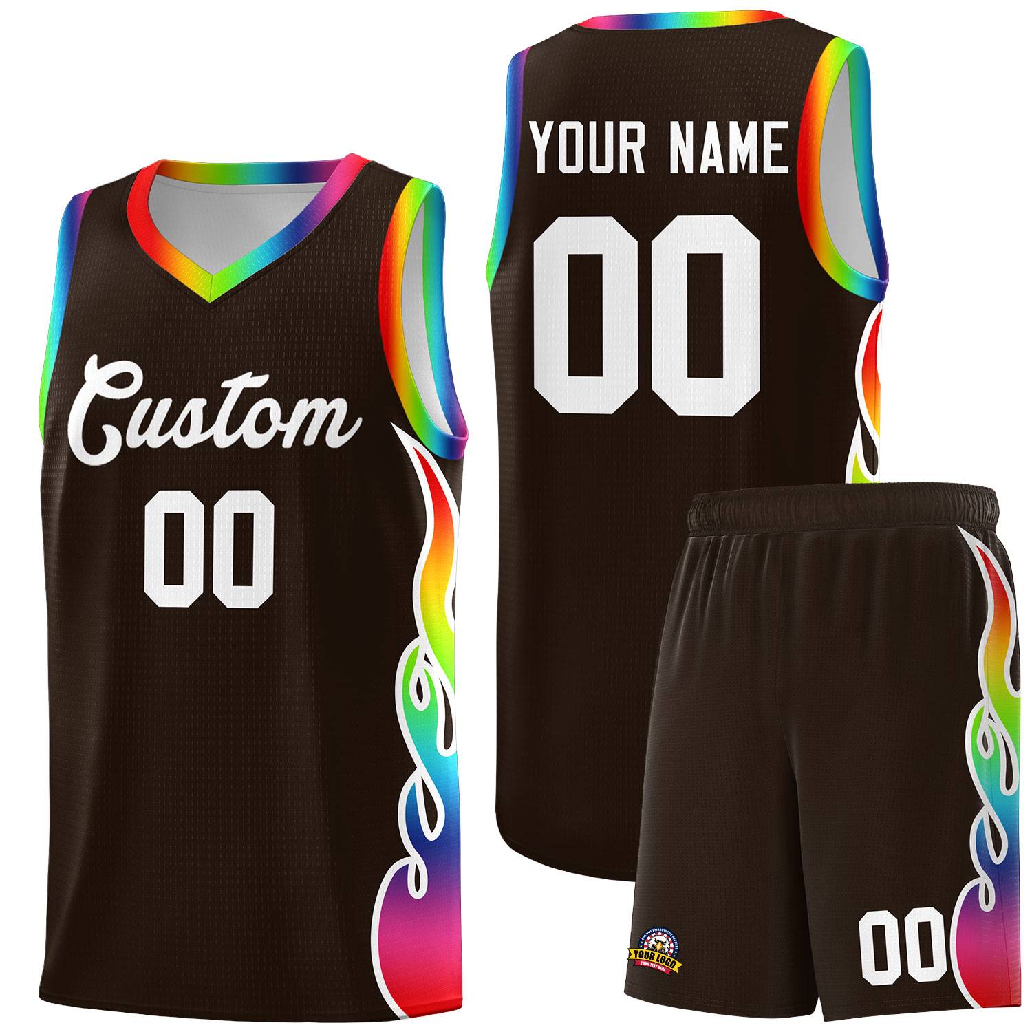 Custom Brown Side Flame Pattern Fashion Sports Uniform Basketball Jersey